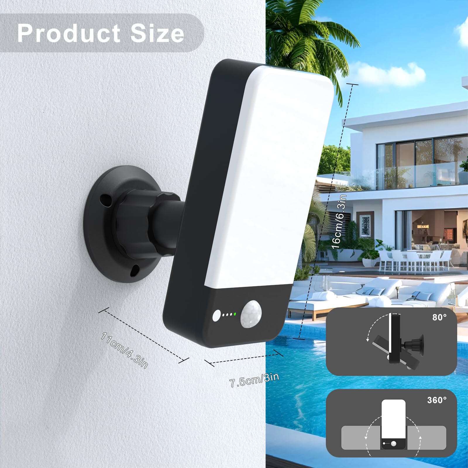 Aplique Exterior Sensor Movimiento, 12000mAh Inalámbrico, 2 Unidad | 422lm Regulable, 3000K-6000K, Mando a Distancia, Luz Roja de Alerta, Rotación 360°, Para Garaje y Jardín