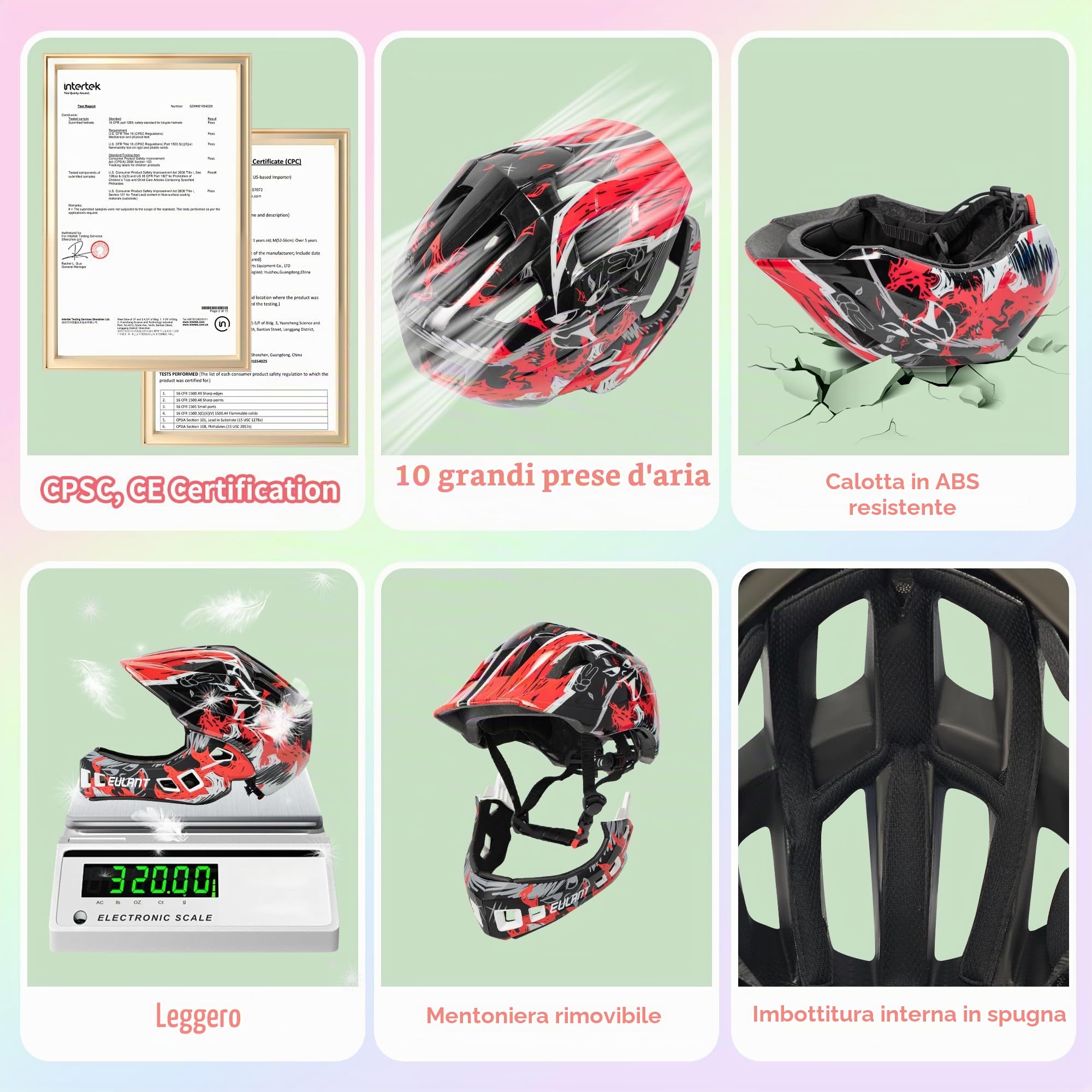 EULANT Casco da Bici per Ragazzi e Ragazze, Casco Integrale con Protezione per Mento, per Bici BMX MTB Downhill Motocross Scooter, per Bambini dai 5-10 Anni (Dimensione della Testa 52-56cm)