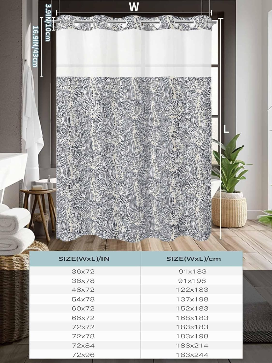 No Hook Shower Curtains, Paisley Waterproof Shower Curtain with Snap in Liner Set, Vintage Mediterranean Abstract Texture Gray Blue Bathroom Decor, See Through Mesh Top Window - Long 72"x84"