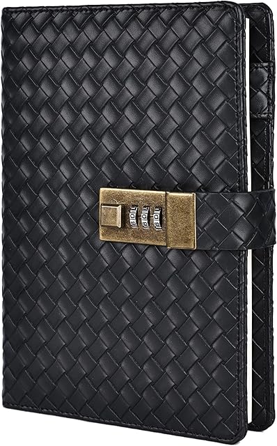 B6 Leather Journal Notebook with Combination Lock, Travel Refillable Ruled Lined Writing Paper, Secret Password Gift Diary for Women Girls Boys (Black)
