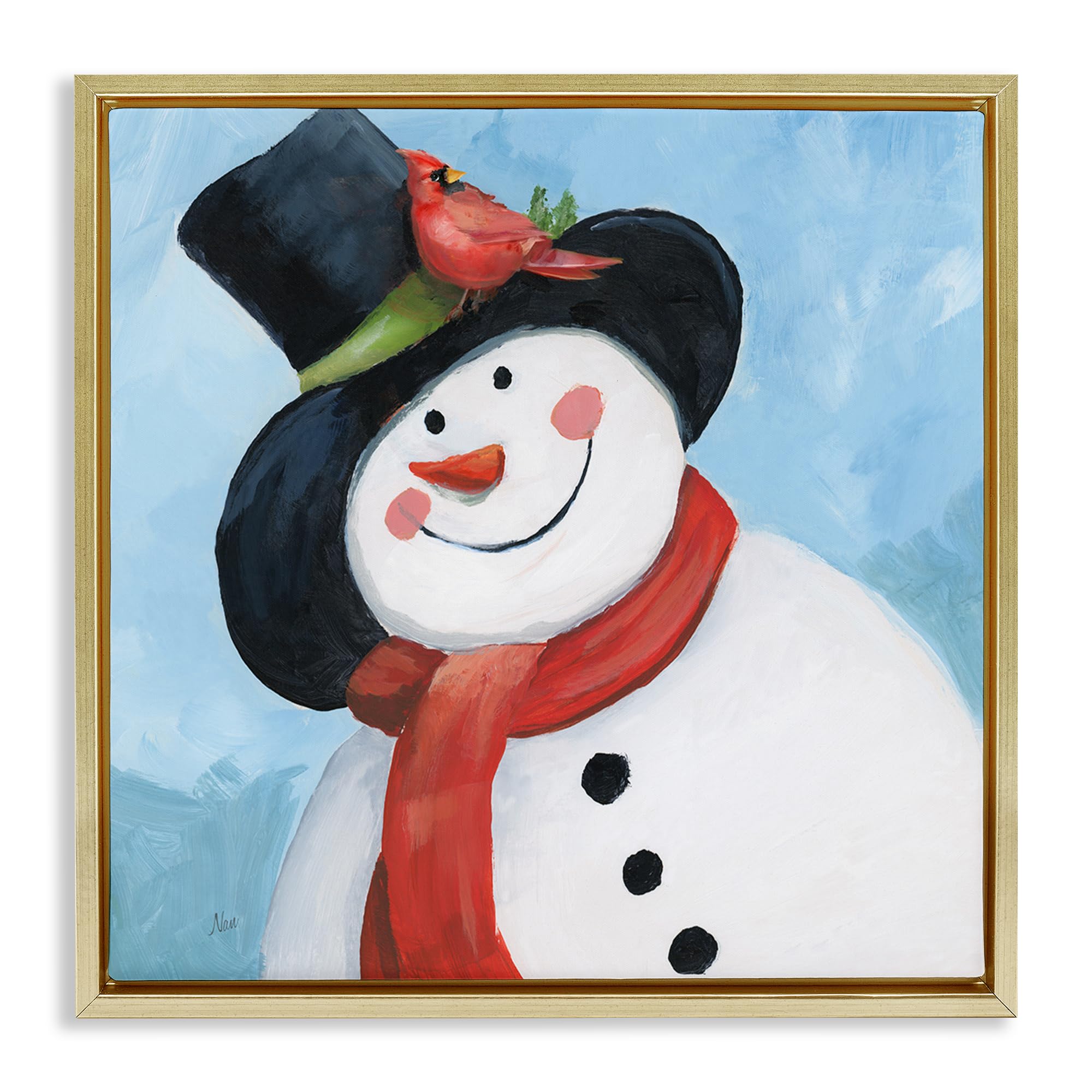 Stupell Industries Metallic Gold (Matte) 'Cheerful Snowman With Cardinal', Floating Frame Canvas Art, Gold, 18 X 18 Inches, Easy To Hang And Sturdy, Made In Usa, By Nan