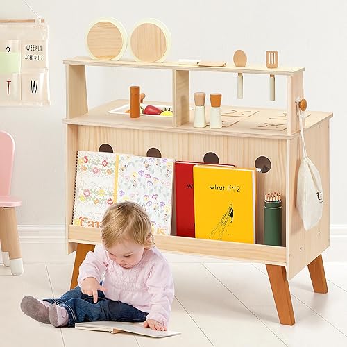 Miniatura 5 de PairPear Cocina de juego para niños, grande de madera natural para niños, accesorios de cocina con manualidades y estantería, juguetes de comida