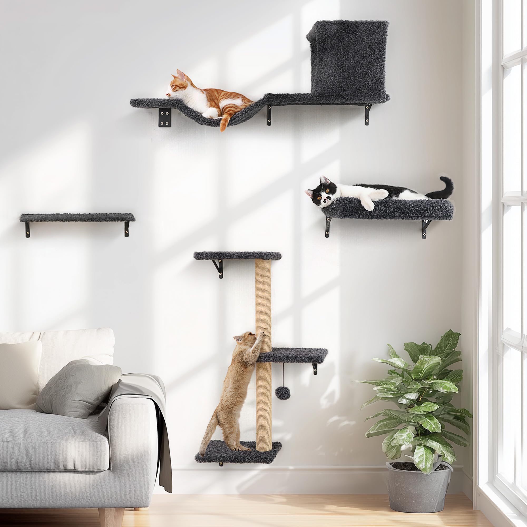 FUKUMARU Cat Wall Shelves, Stable & Safe 4 in 1 Cat Furniture Set, Wooden Climbing Wall with Scratching Post for 16 Inch Drywall - Gray