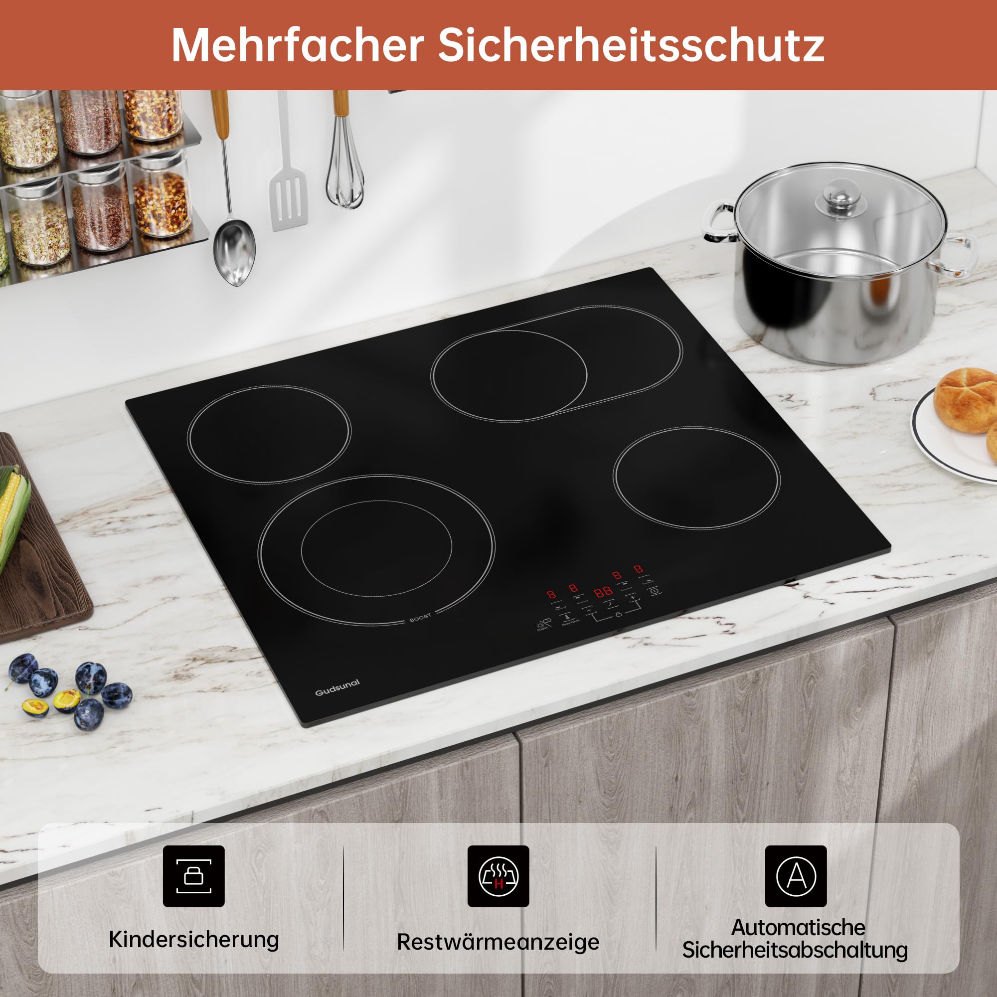 Kochfeld, Glaskeramikkochfeld 60 cm mit 4 Platten, 6,6 kW, Bräterzone, Dualkochzone, 9 Heizstufen, Timer, Automatische Abschaltung, Kindersicherung, Herdplatte 4 Kochfelder, Mattschwarz
