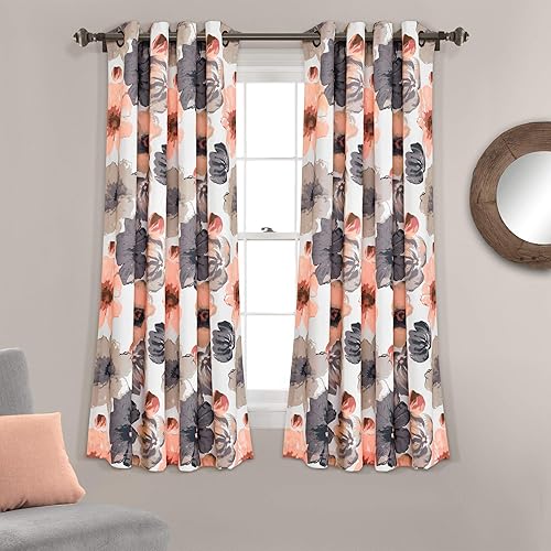 Lush Decor Leah Light Filtering Window Curtain Panels, Pair, 52" W x 63" L, Coral & Gray - Floral Drapes for Bedroom - Coral Curtains - Farmhouse Decor