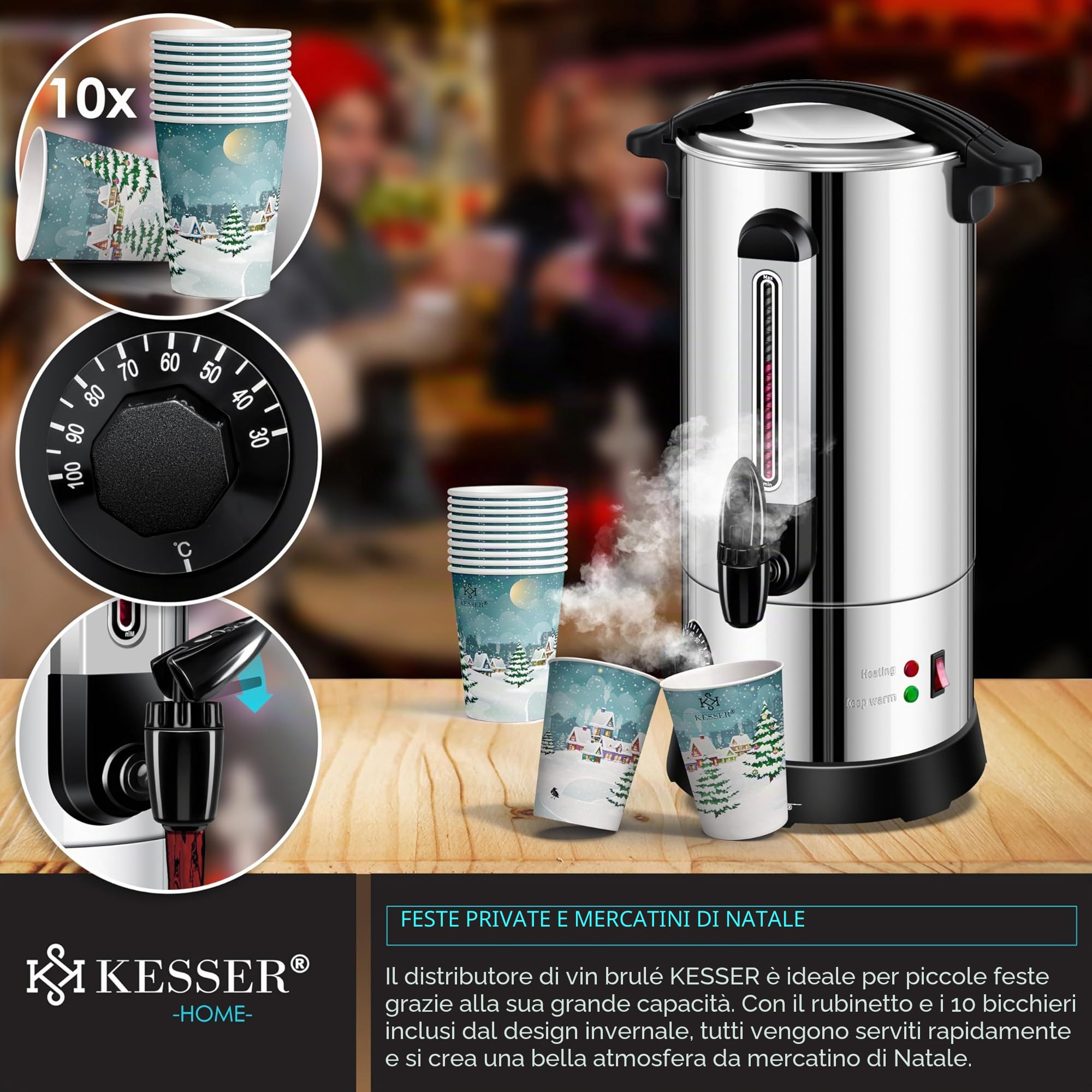 KESSER® Bollitore per vin brulé, 10 l, in acciaio inox, con 10 bicchieri per vin brulé, con termostato, macchina per bevande calde, distributore automatico di acqua calda, indicatore di livello