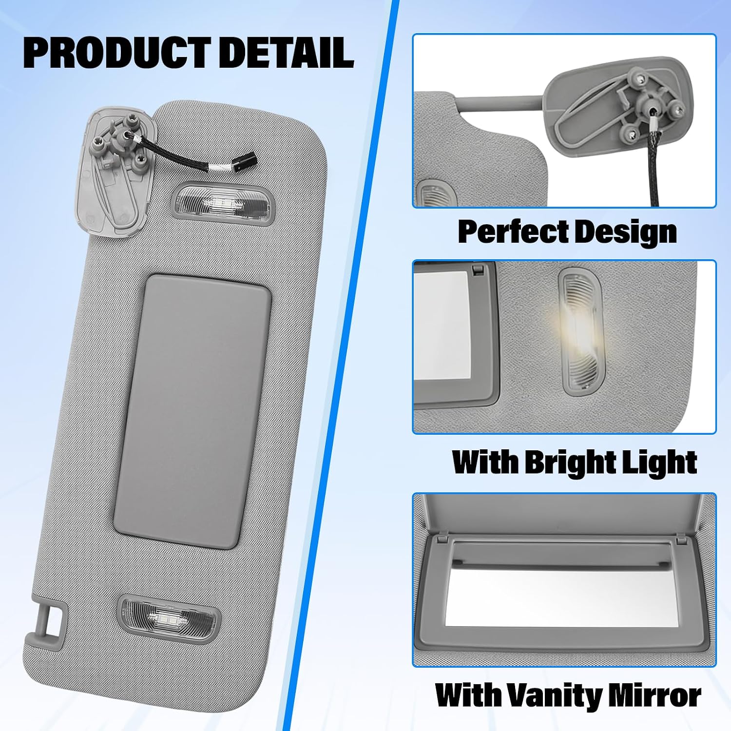 Right Passenger Side Sun Visor with Lighted Vanity Mirror Replacement for 2015–2019 Cadillac Escalade ESV Chevy Silverado Suburban Tahoe GMC Sierra Denali Yukon XL, Replace 23459643, Gray