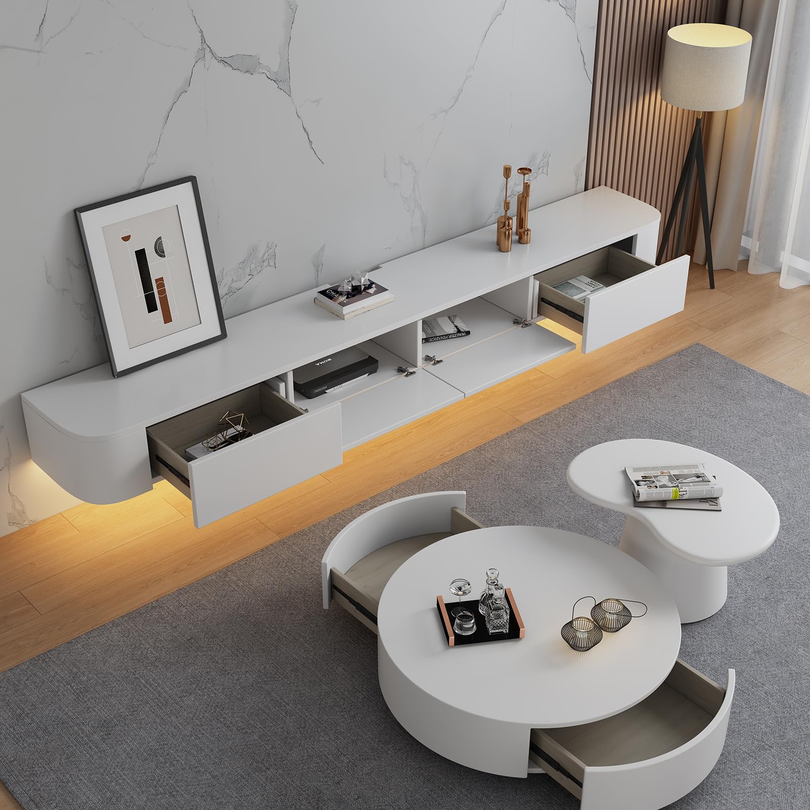 Flotante Mueble TV,Mueble Suspendido TV,Armario De Madera Maciza,Consola para Centro De Entretenimiento,con Cajones Y Puertas Abatibles，Minimalista Moderno (White+LED, 280cm)