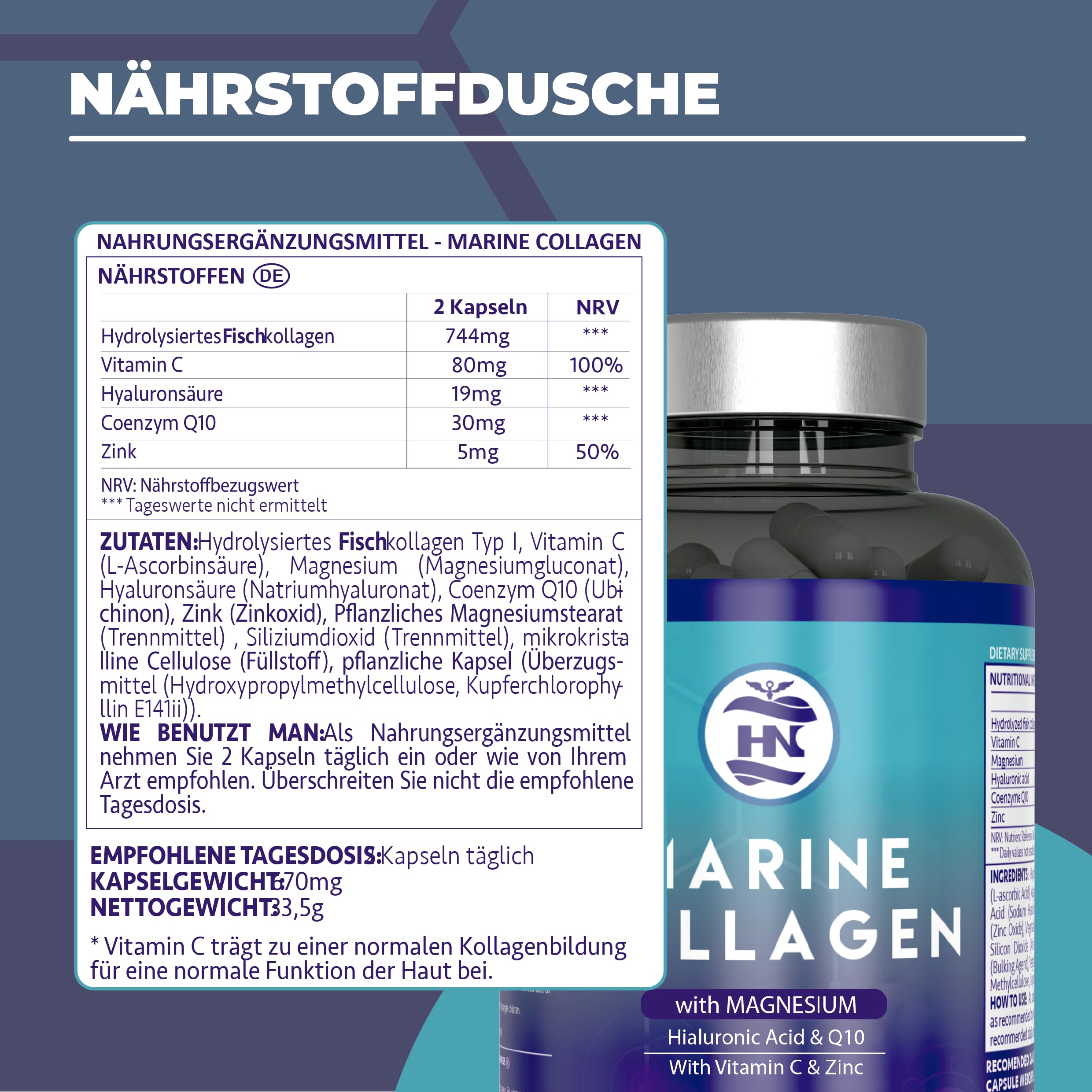 Collagen kapseln hochdosiert mit hyaluronic acid. kollagen kapseln mit Magnesium und Vitamin C - Coenzym Q10, Magnesium und Zink, Meereskollagen mit Hyaluronsäure (50 Kaps x 5 Dosen)