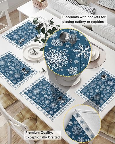 Miniatura 2 de Juego de 2 manteles individuales azules de Navidad para mesa de comedor, manteles individuales de algodón y lino con bolsillo, arpillera cuadrada,