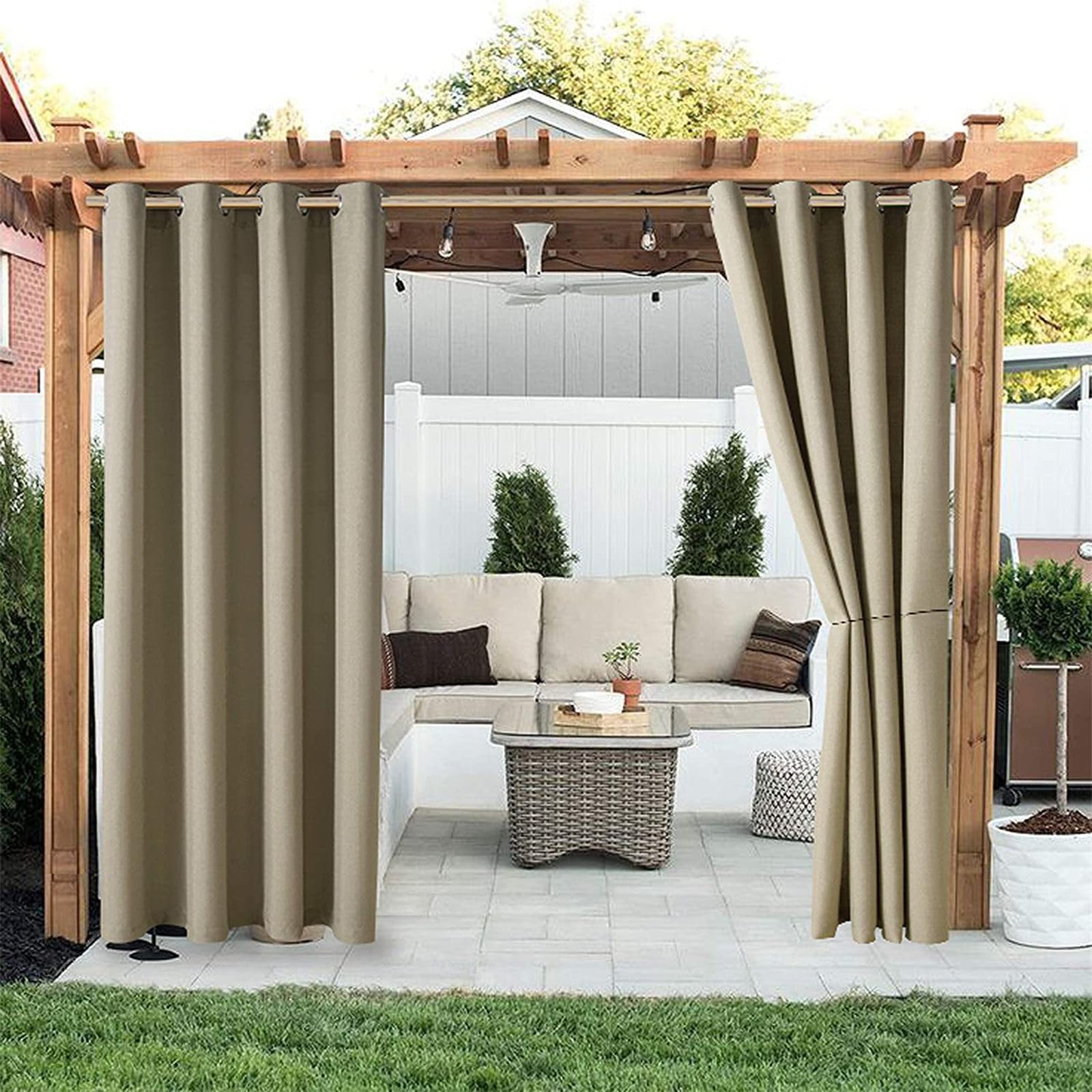 Hiseng Outdoor Curtains Waterproof, Pergola Curtains Eyelet Top Outdoor Blackout Curtain 1 Panel Thick Privacy Thermal Insulated Sunshade Curtains for Garden Gazebo (120x150cm,Khaki Color)