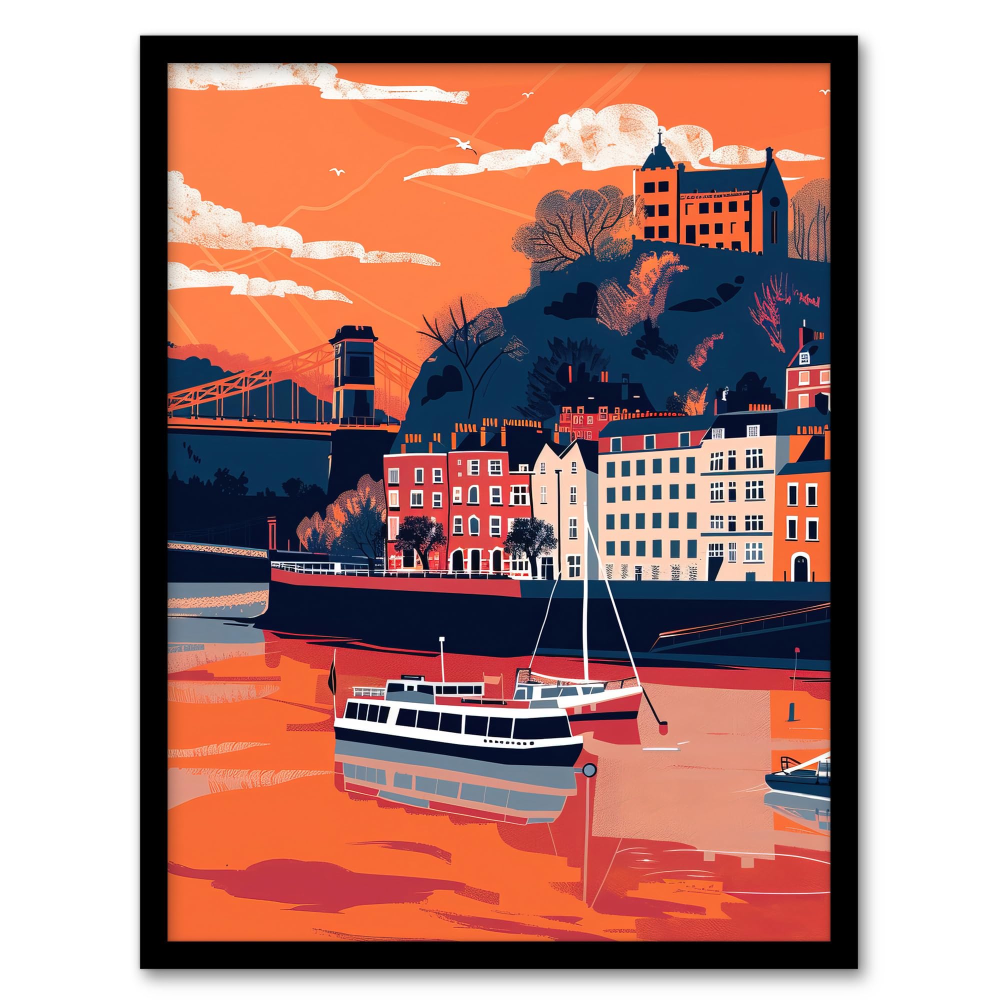 Artery8 Bristol Harbour Canal Boats Sunset Artwork Castle Living Room Artwork Framed Wall Art Print A4