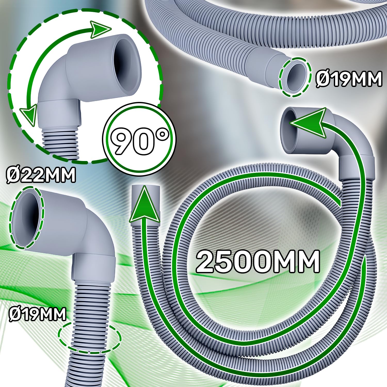 Tubo Desague Lavadora y Lavavajillas 2,5 m Ø 19/22 mm Recto y en Angulo 90° - Garantía de 5 Años - ONIX TECH — view 3