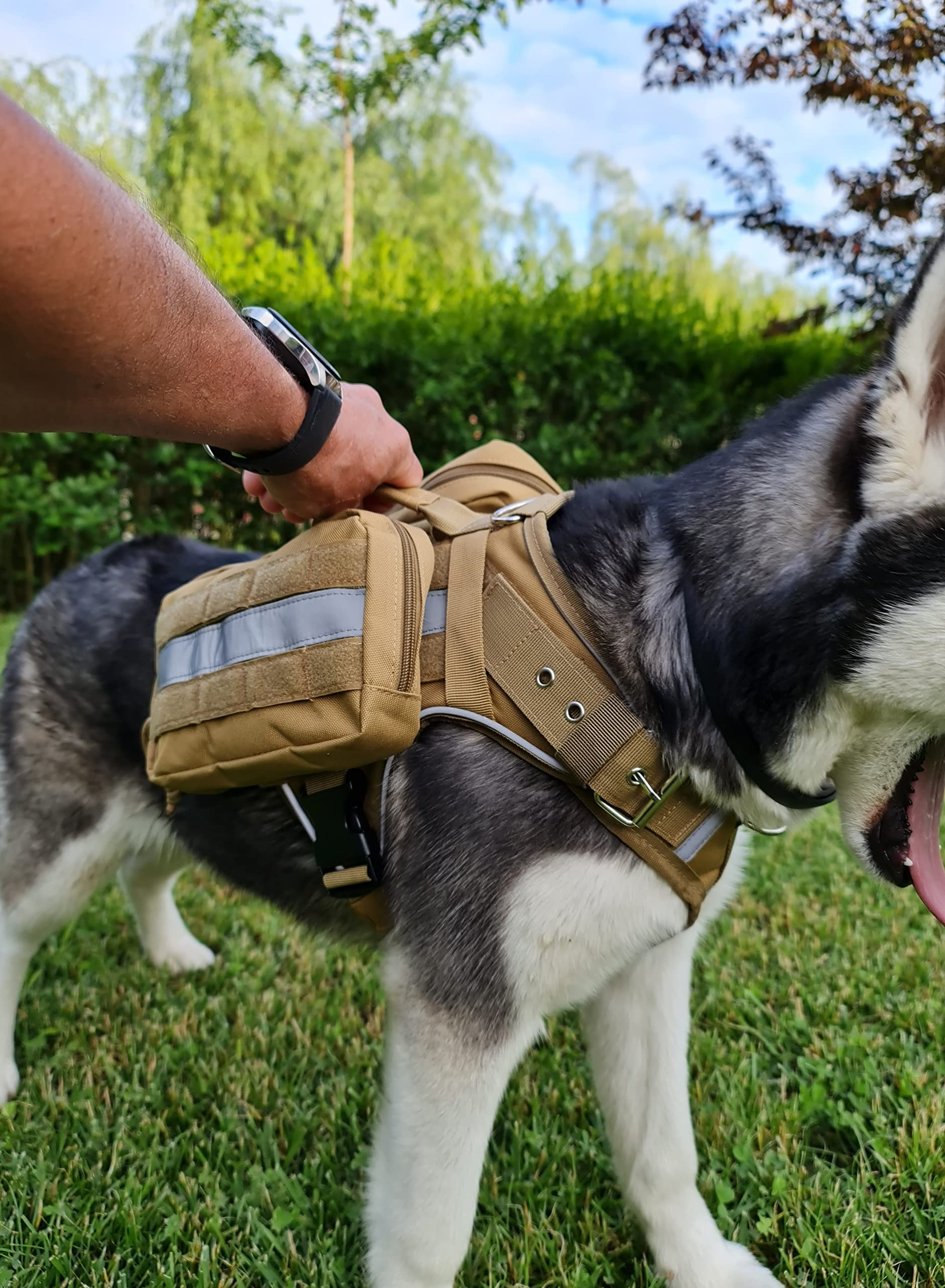 Imbracatura tattica SK9 per cane + 2 zaini - Imbracatura professionale in tessuto molto resistente, con fibbie in metallo (L (70-90 cm))
