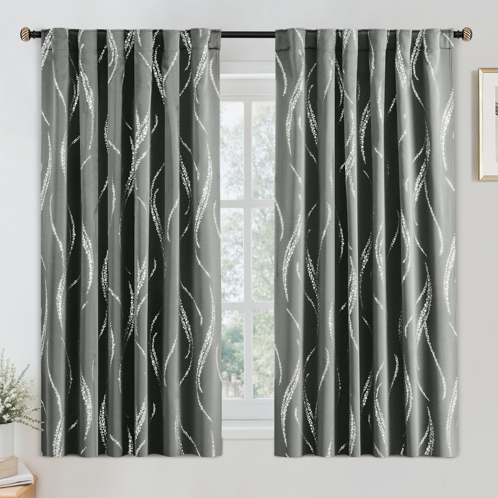 Yakamok Blackout Curtains 63 inch Length Living Room Thermal Insulated Silver Wave Line Dots Pattern Curtains Room Darkening Back Tab Curtains for Bedroom, Grey, W52 x L63-inch, 2 Panels — image 1