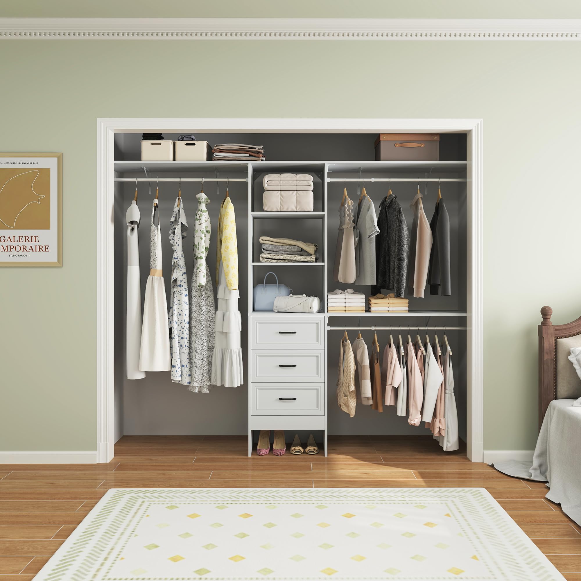 Bevfint Closet Storage Organizer, 8 ft. Closet System Tower with 3 Adjustable Hanging Rods and 3 Drawers, Cuttable Boards fits 6-8 ft. Walk-In Wardrobe, Built-In Garment Rack White