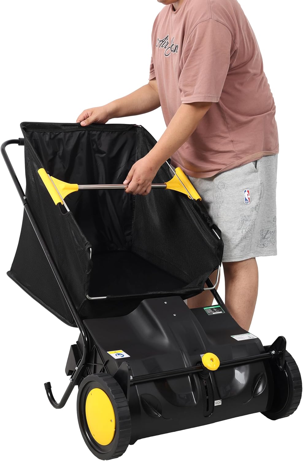 21 Inch Push Lawn Sweeper, Hand Leaf and Grass Collector 3.5 cu. ft Yard Sweeper Push with Adjustable Height, 4 Spinning Brushes for Grass Clippings, Leaves, Debris