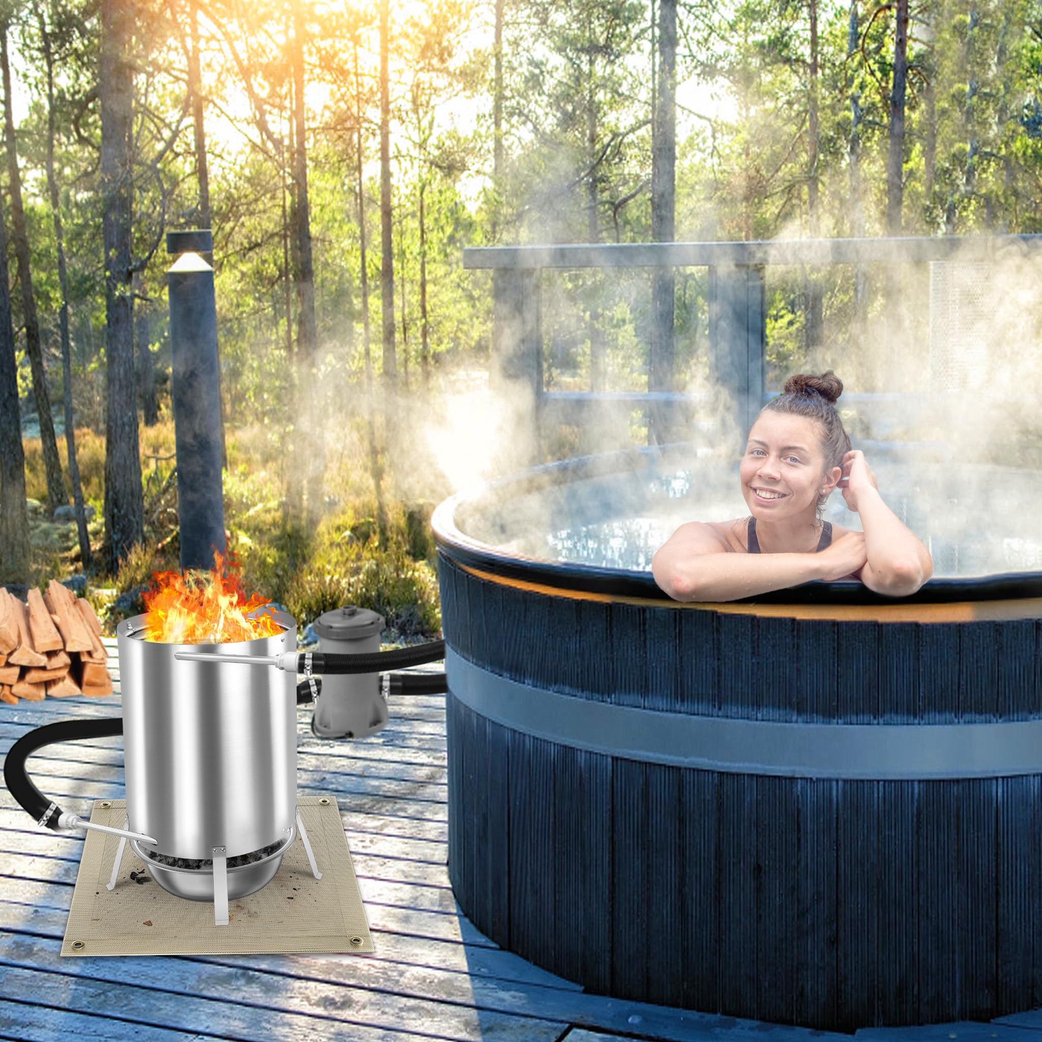 Riscaldamento per piscina in acciaio inox, stufa a legna con diametro di 32/38 mm, connettore 2 in 1, riscaldamento per piscina a legna, con tappetini ignifughi e vassoio per piscina fuori