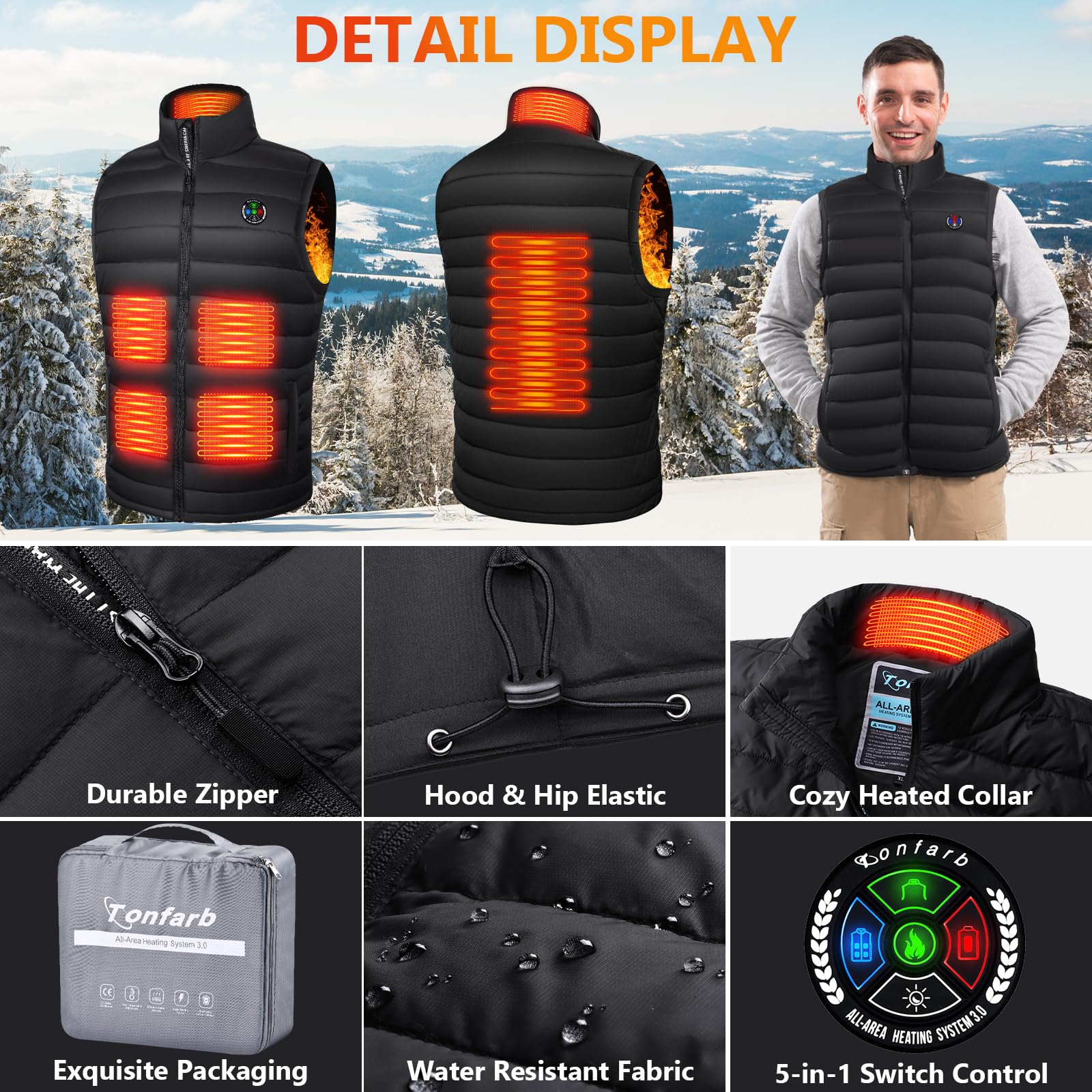 Tonfarb Chaleco Calefactable Hombre con Bateria Recargable de 16000mAh, Chaleco Térmico Eléctrico USB con 6 Zonas Calefactables 3 Temperatura Ajustable para Moto Actividades Frio al Aire Libre