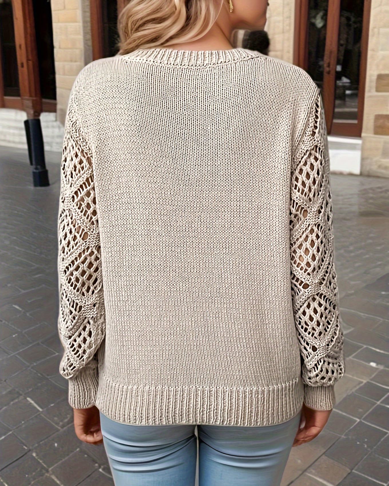 Las Mujeres De Primavera Y OtoñO Hueco De Punto Jumper Pullover De Manga Larga Suelta V-Cuello De Color SóLido Bottoming Tops