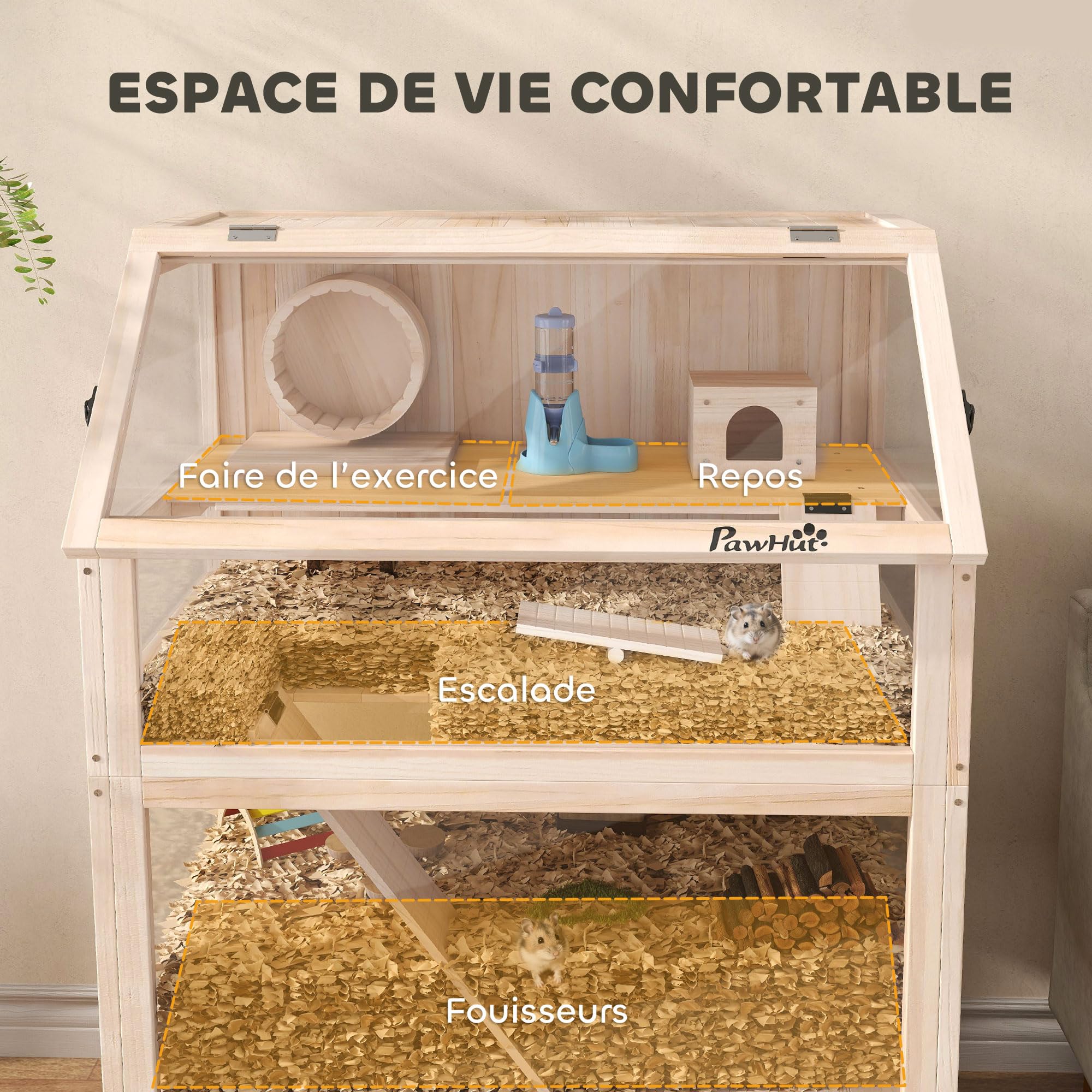 PawHut Gabbia per criceto in legno XXL – Habitat per roditori a 3 piani con pannello acrilico e ruota – Casa piccolo animale di lusso con accessori e ripiano di stoccaggio, 80 x 53 x 117 cm, effetto