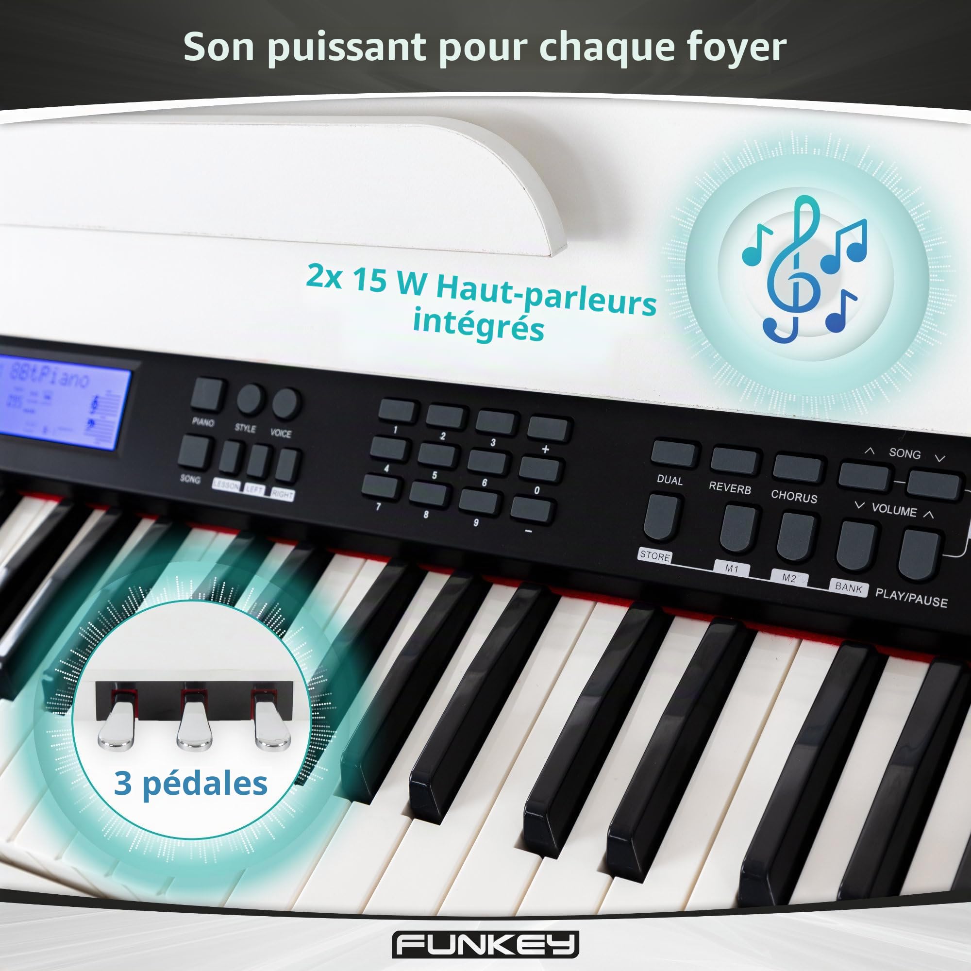 FunKey DP-88 II piano numérique blanc set avec banquette de synthé, casque, méthode d'apprentissage