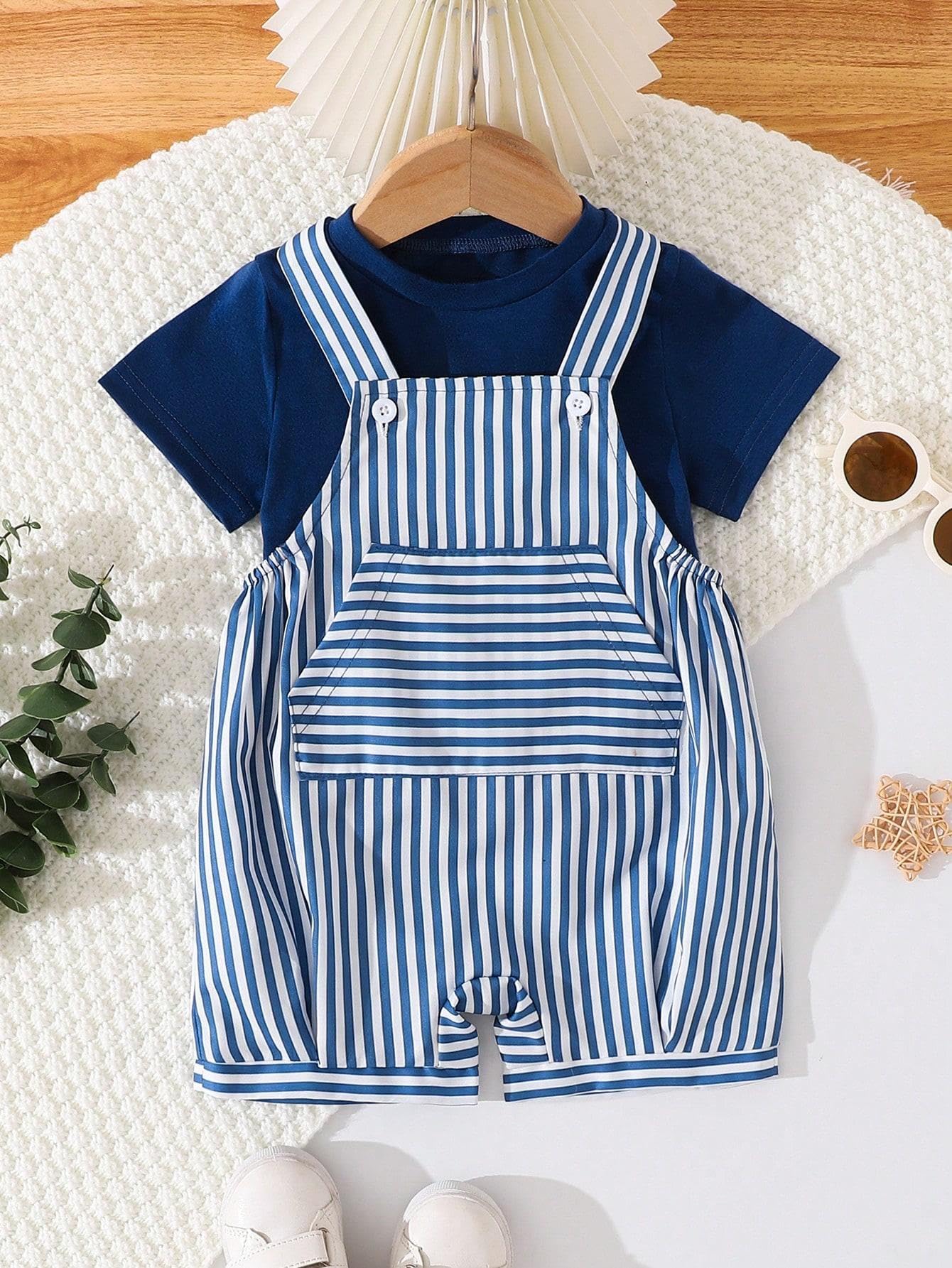 Mameluco de 2 piezas para niños pequeños con bolsillo a rayas con camiseta, color azul — view 5