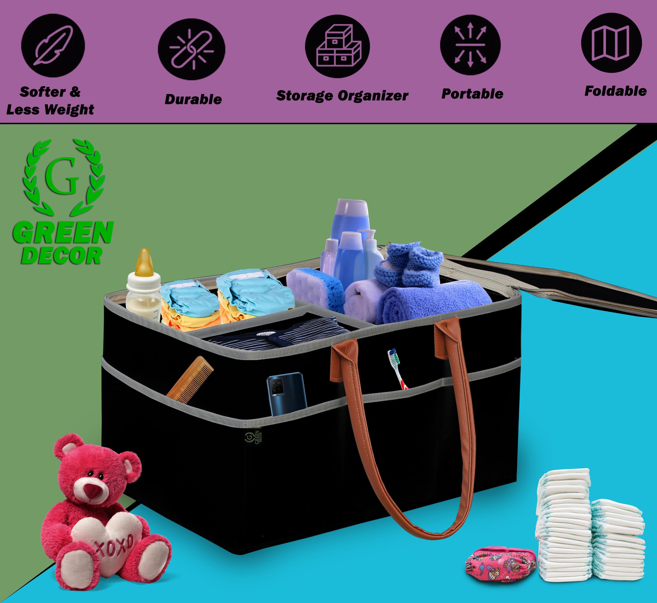 GREEN DECOR -400 GSM Non Woven Fabric Cute Diaper Caddy Bag with Handles & Zip Lock for Smart Mothers Baby Diaper Caddy Wipes Felt Storage Organizers,Foldable and Portable(Black - 18X12X9 Inch) - Image 5 thumbnail