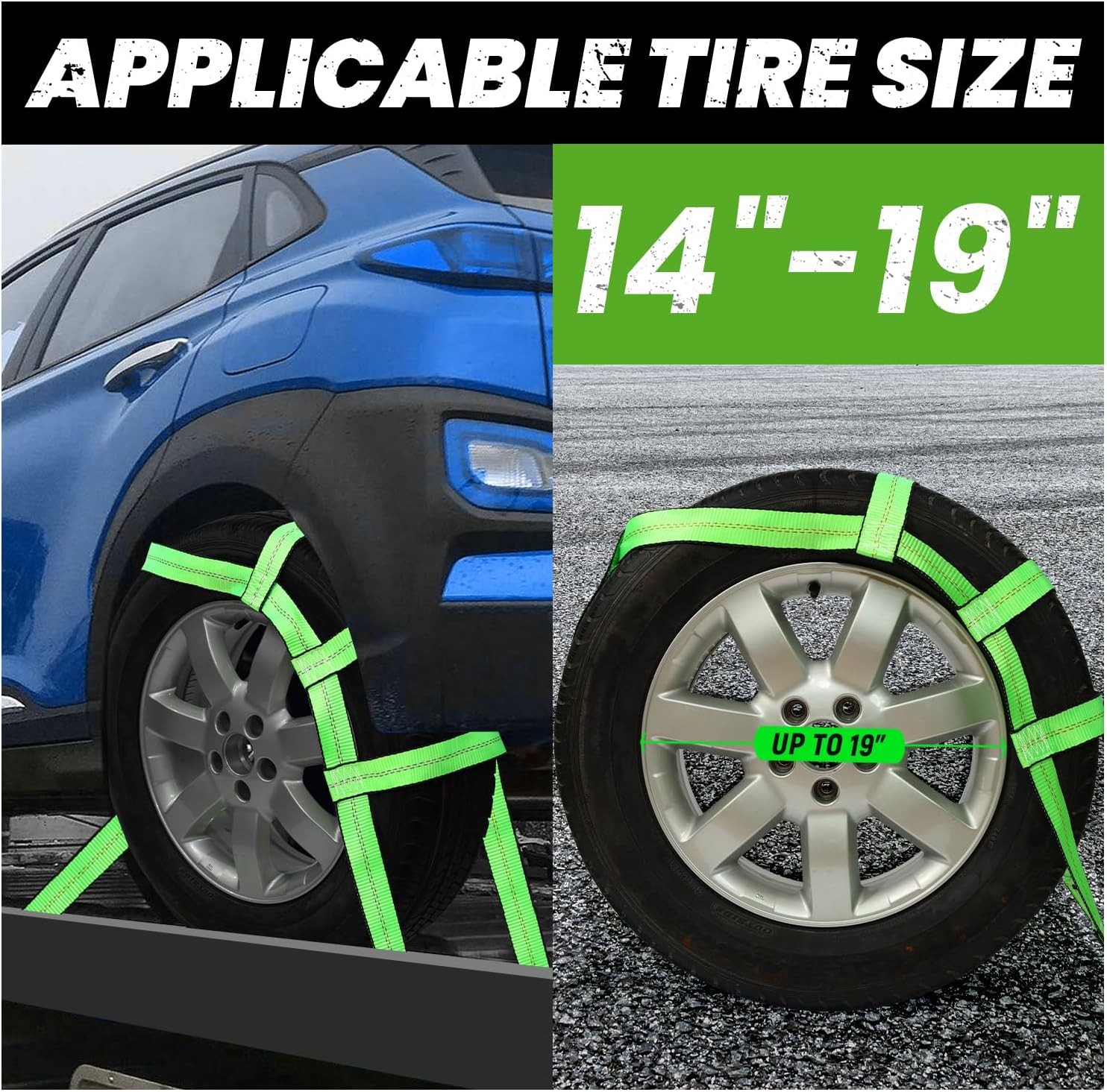 Tow Dolly Basket Straps with Flat Hook, 2 Pack Tow Dolly Strap Bonnet Net Fits 14"-19" Tires Wheels, 10,000 lbs Breaking Strength Heavy Duty Car Dolly Strap System, Waterproof Carrying Bag (Green)