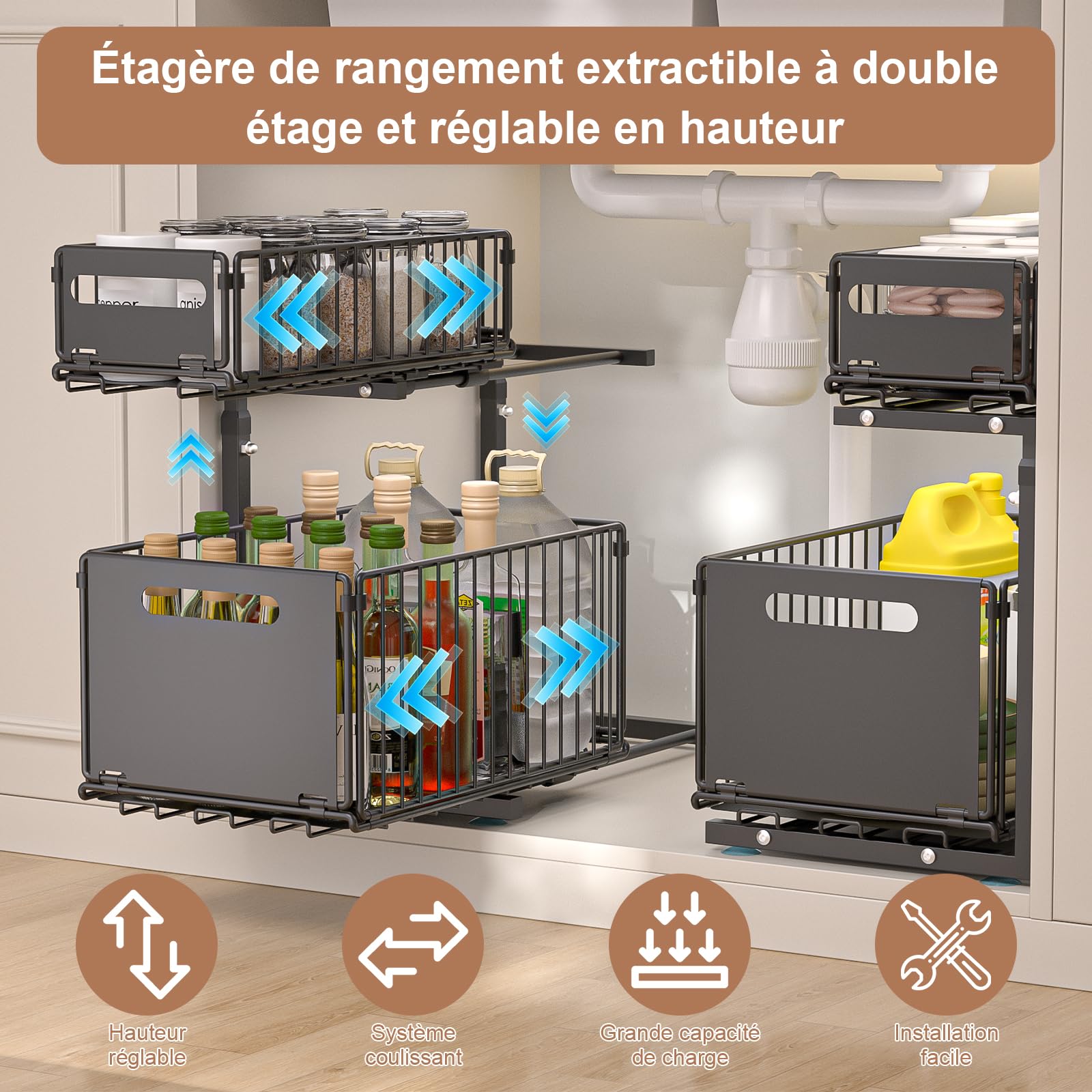 Vankarr 2 Niveaux Rangement Sous Évier,Organisateur Sous Evier Cuisine,Hauteur Réglable Rangement Sous Evier Cuisine,Coulissant Organisateur Sous Evier,pour Cuisines,Bureau, Bain (Noir,1 Pièce) - 3