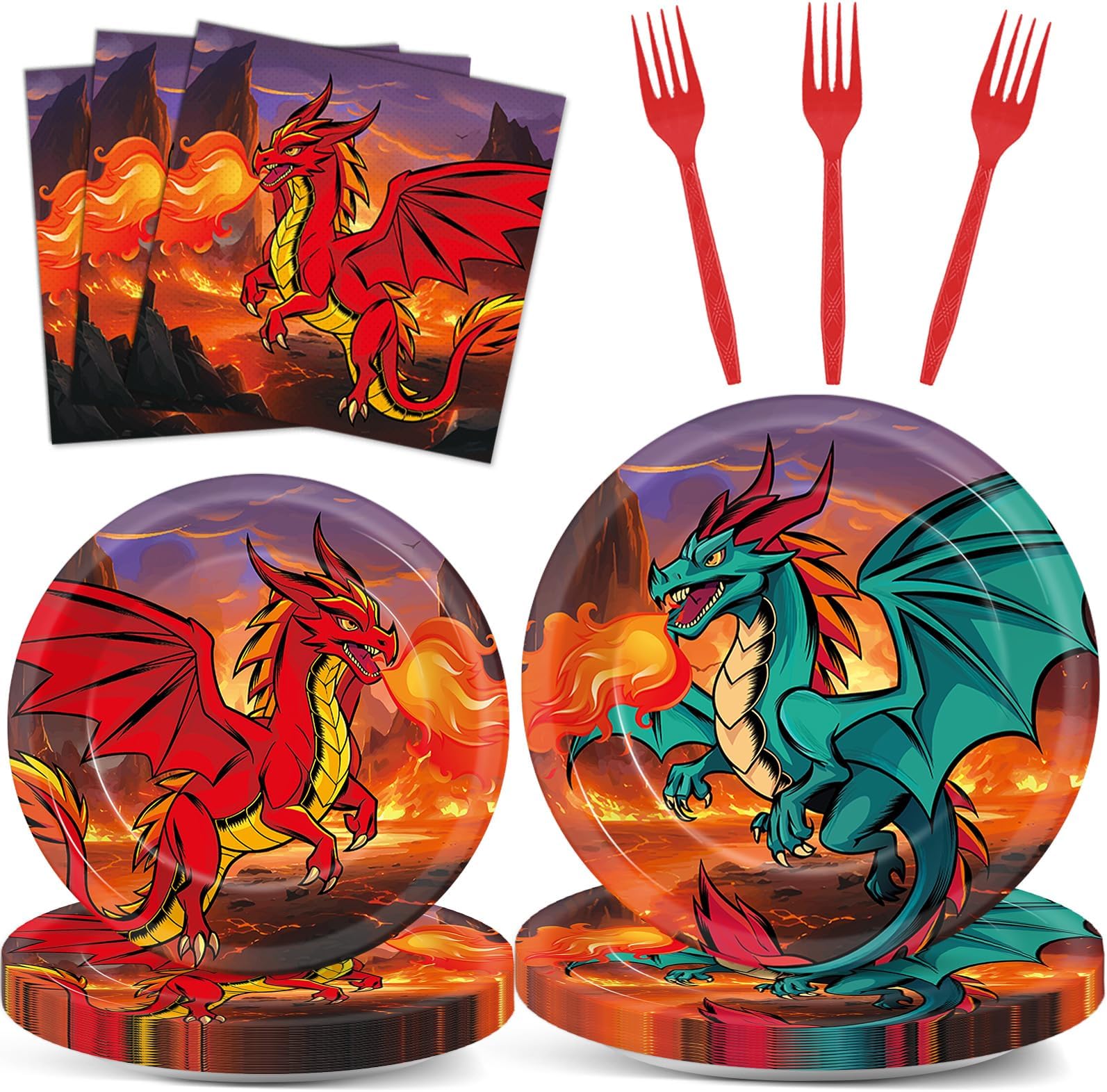 96Pcs Dragon Party Plates and Napkins for Magical Birthday Supplies Dragon Themed Paper Dessert Plates Tableware Set for 24 Guests Boys Birthday Party Decorations