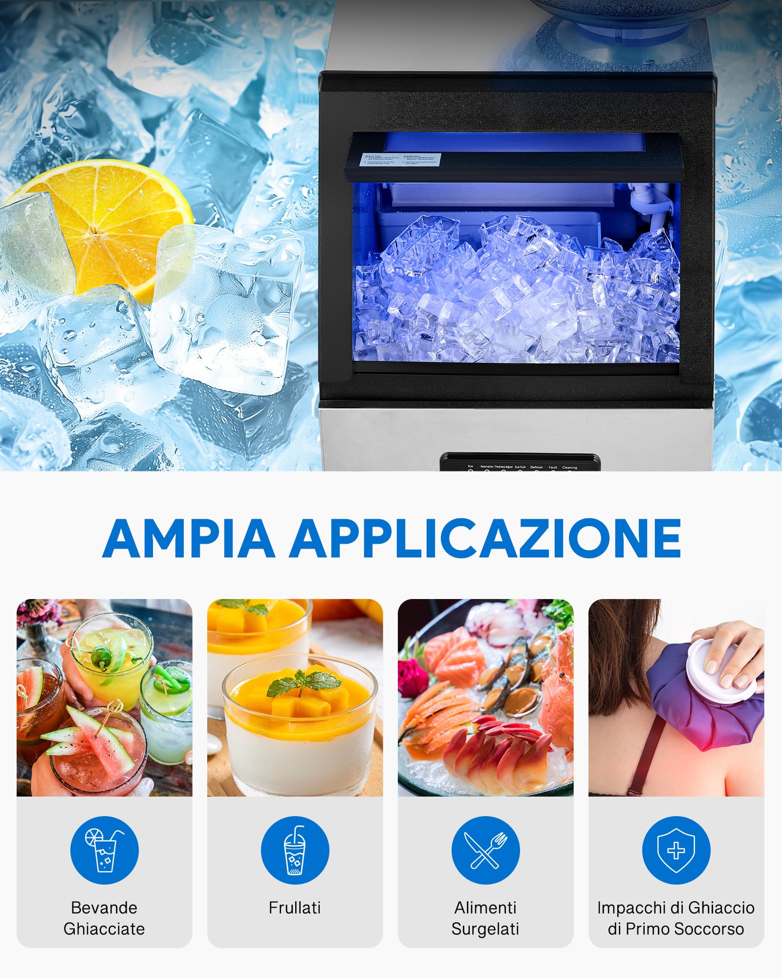 CREWORKS Macchina Ghiaccio Professionale 59kg/24h Fabbricatore Ghiaccio con Schermo LCD Macchina Ghiaccio Autopulente Commerciale in Acciaio Inossidabile per Casa Ufficio Ristorante Bar