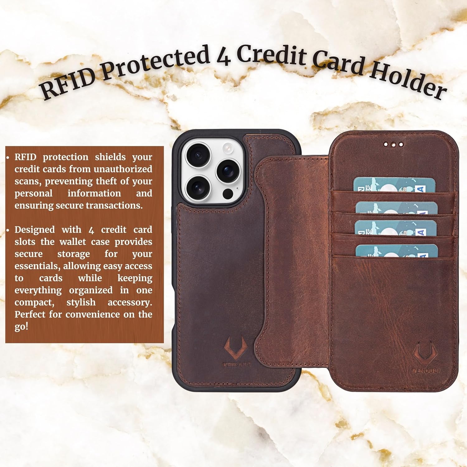 VENOULT Detachable Wallet Case for iPhone 16 Pro MAX 6.9" 4 Card Holder, Man or Women Detachable Folio Cover, Compatible with Magsafe, RFID, Full Grain Genuine Leather (Vintage Brown)
