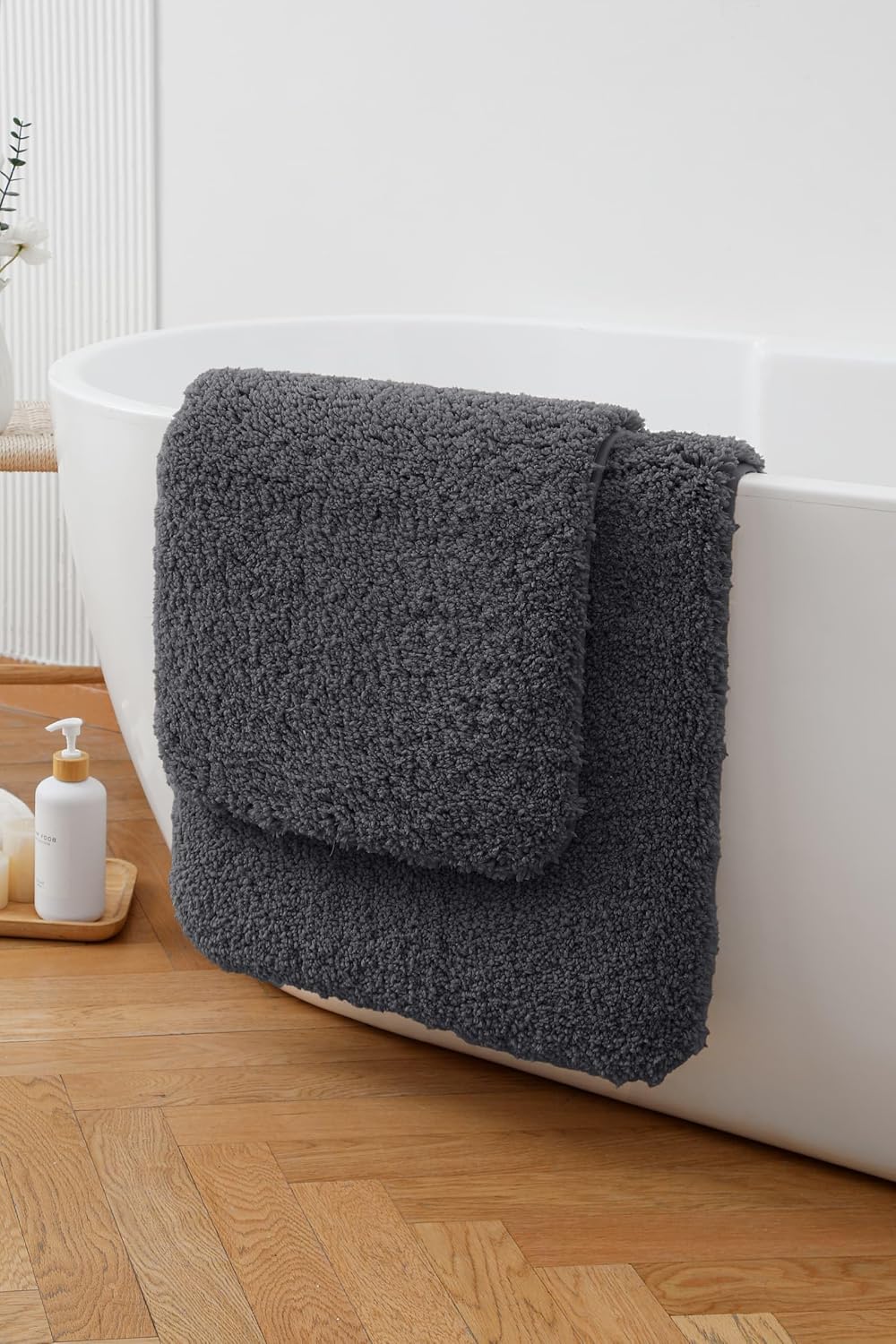 Pure Gray Fluffy Bath Mat 20x32, Non Slip Soft Bathroom Rug for Tub and Shower, Plush Absorbent Floor Mat, Machine Washable Shaggy Rug for Cozy Home Bathroom Decor