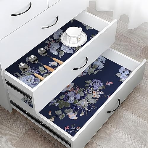 Miniatura 2 de Papel tapiz floral oscuro para despegar y pegar, papel tapiz vintage de 16.9 x 118.1 pulgadas, papel de pared azul marino, papel de pared