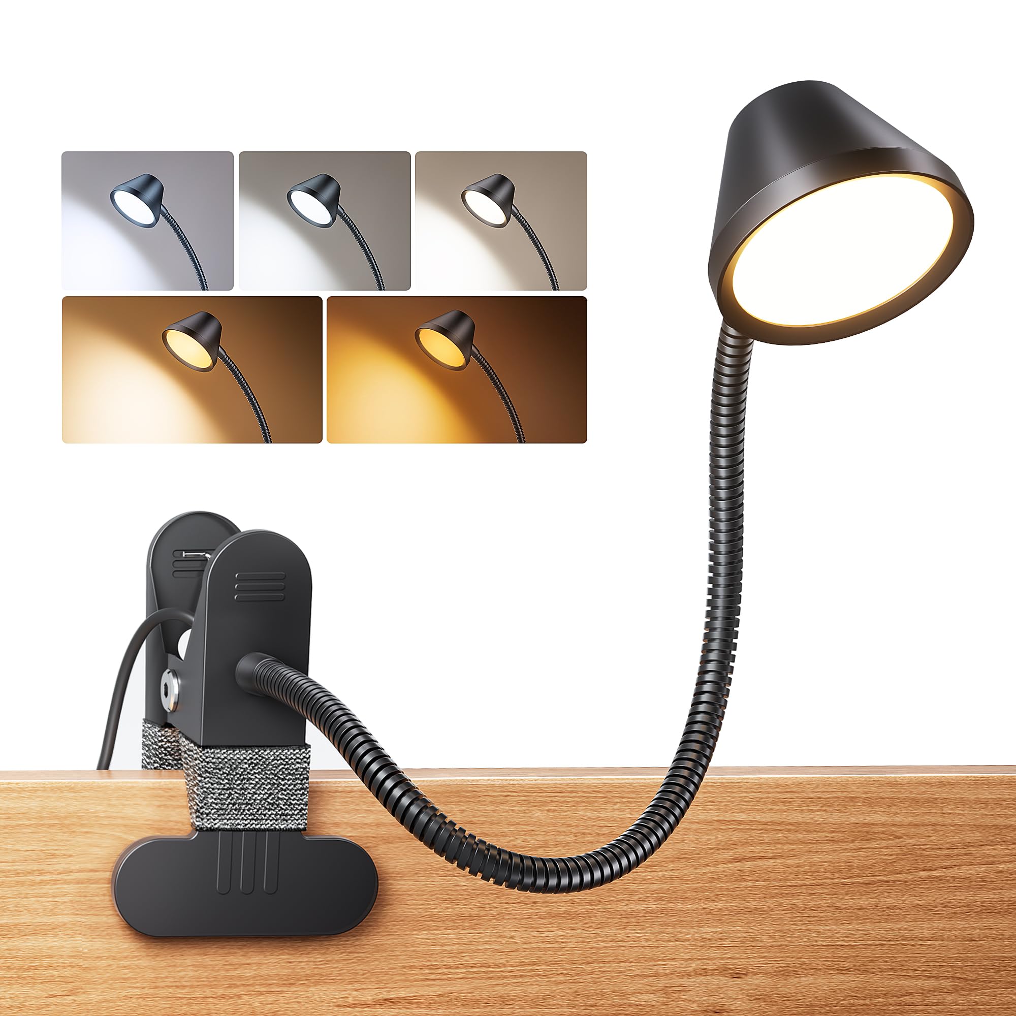 LEPOWER Luz de clip, luces de lectura de 7 W para libros en la cama con 5 colores y atenuación continua, cuidado de los ojos RG0, luz brillante ámbar y temporizador automático, abrazadera fuerte con