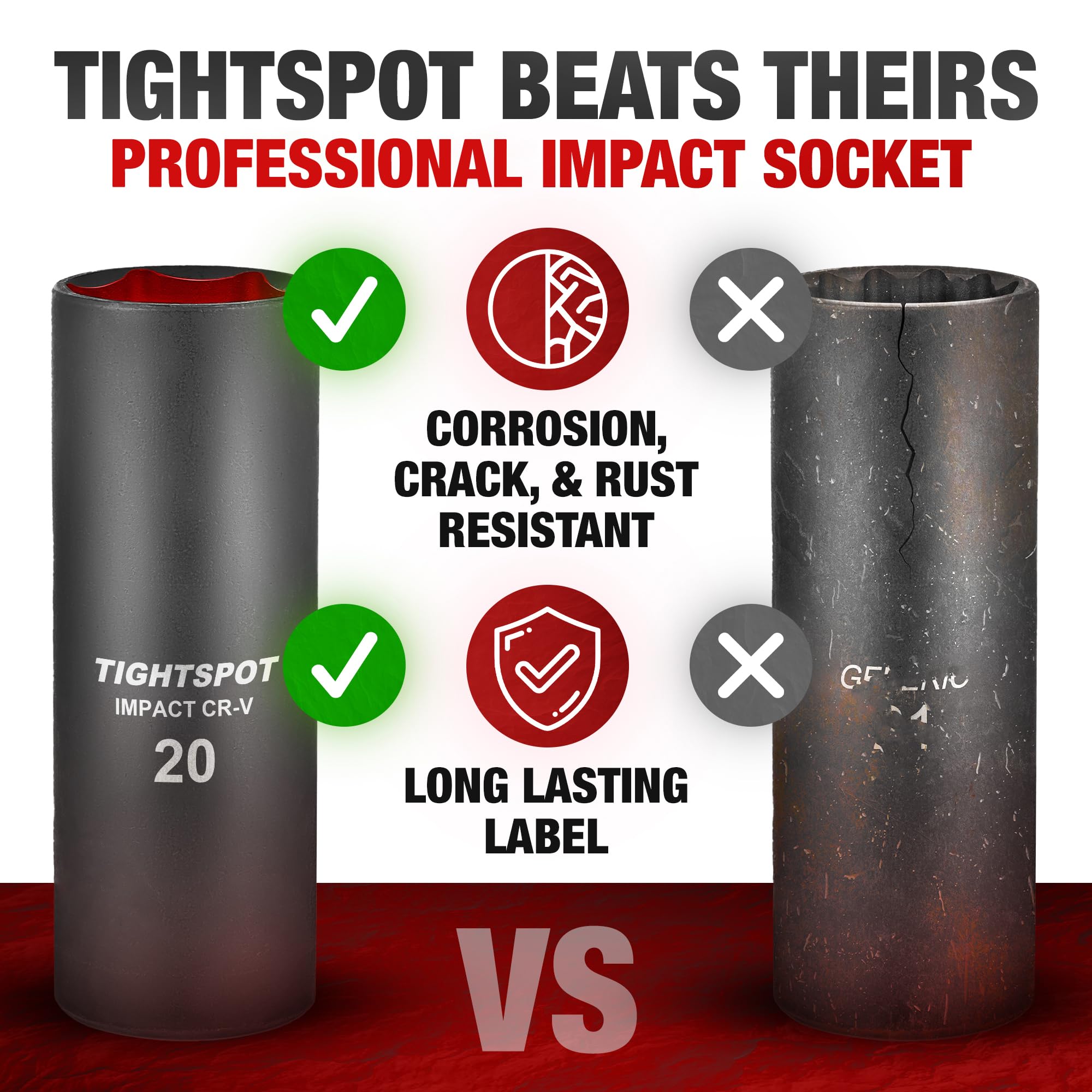 TIGHTSPOT 1/2 Inch Drive - 20 mm Deep Impact Socket with Anti-Rounding 6 Point Design, Heat-Treated CRV Steel, Metric - 4