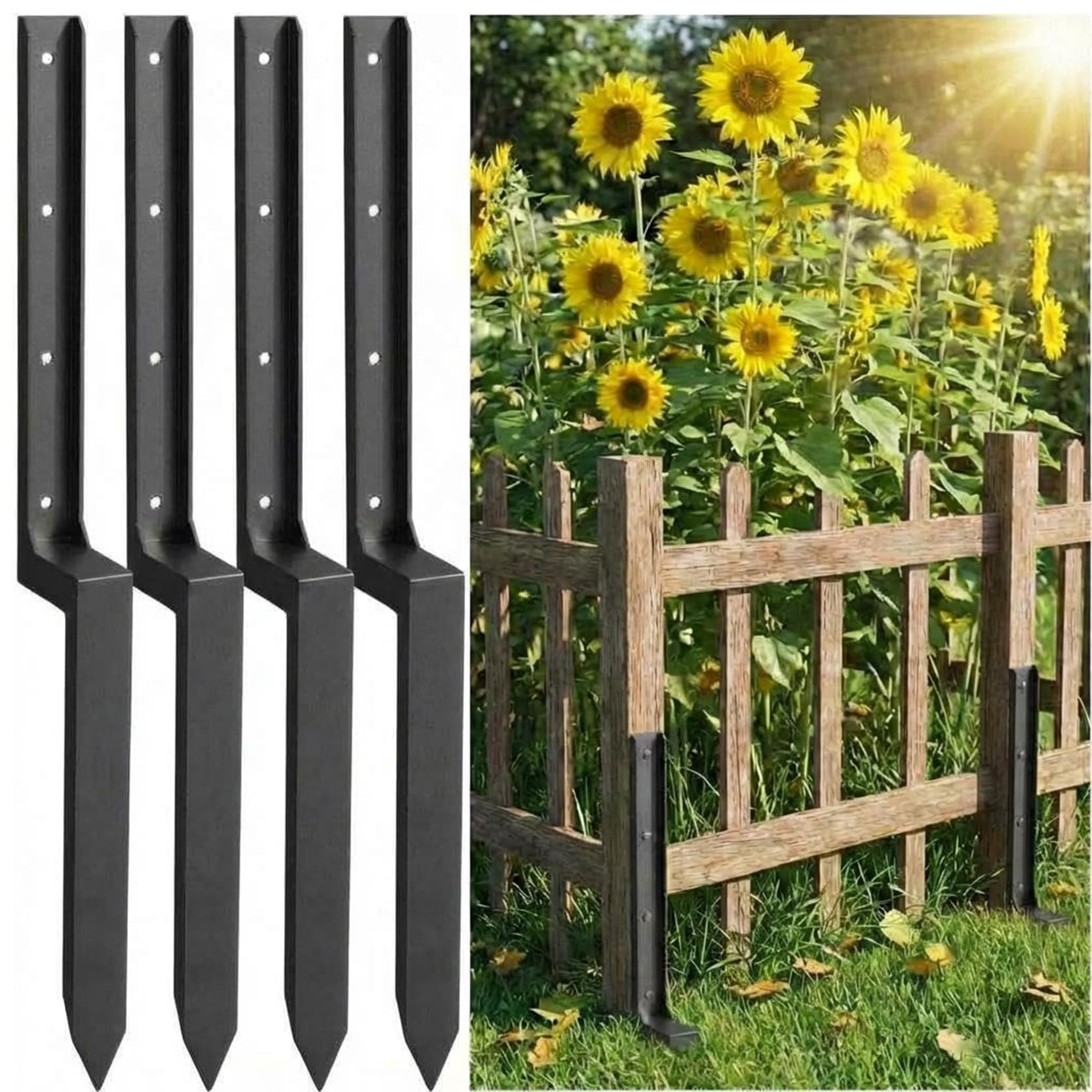GOUZIBHD 4 Pack Fence Post Anchor Ground Stakes Heavy Duty Steel Post Ground Spike for Leaning Broken Wood Posts,Thickened Fence Post Repair Kit for Mailboxes Banners