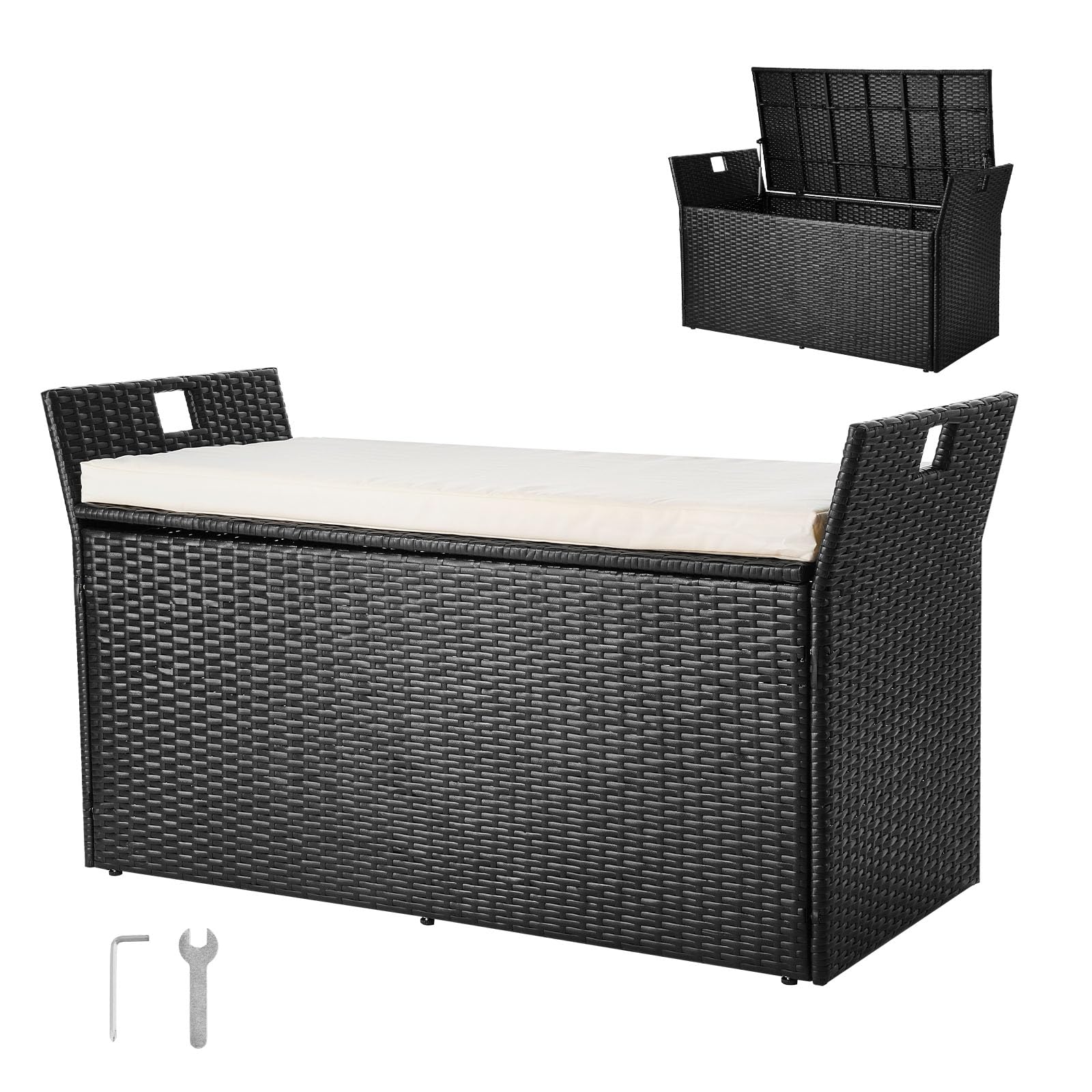 VEVOR Panca Portaoggetti da Esterno Nero, Panca Portaoggetti in Rattan PE per 2 Persone, Contenitore con Cuscino Maniglia Laterale, Supporta max. 362 kg, Seduta da Giardino Decorazione per Balcone