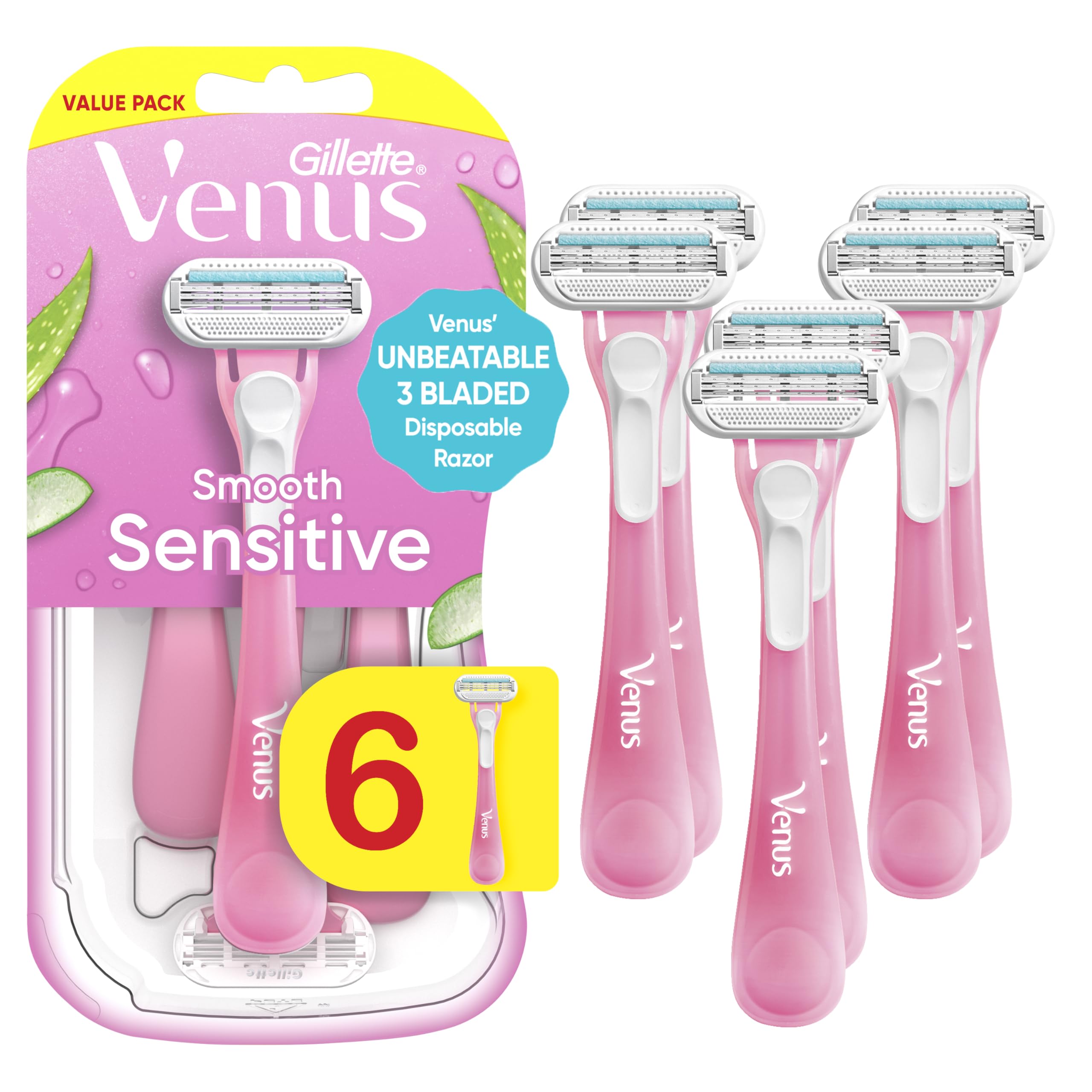 Gillette Venus Sensitive Disposable Razors for Women with Sensitive Skin, 6 Count, Delivers Close Shave with Comfort