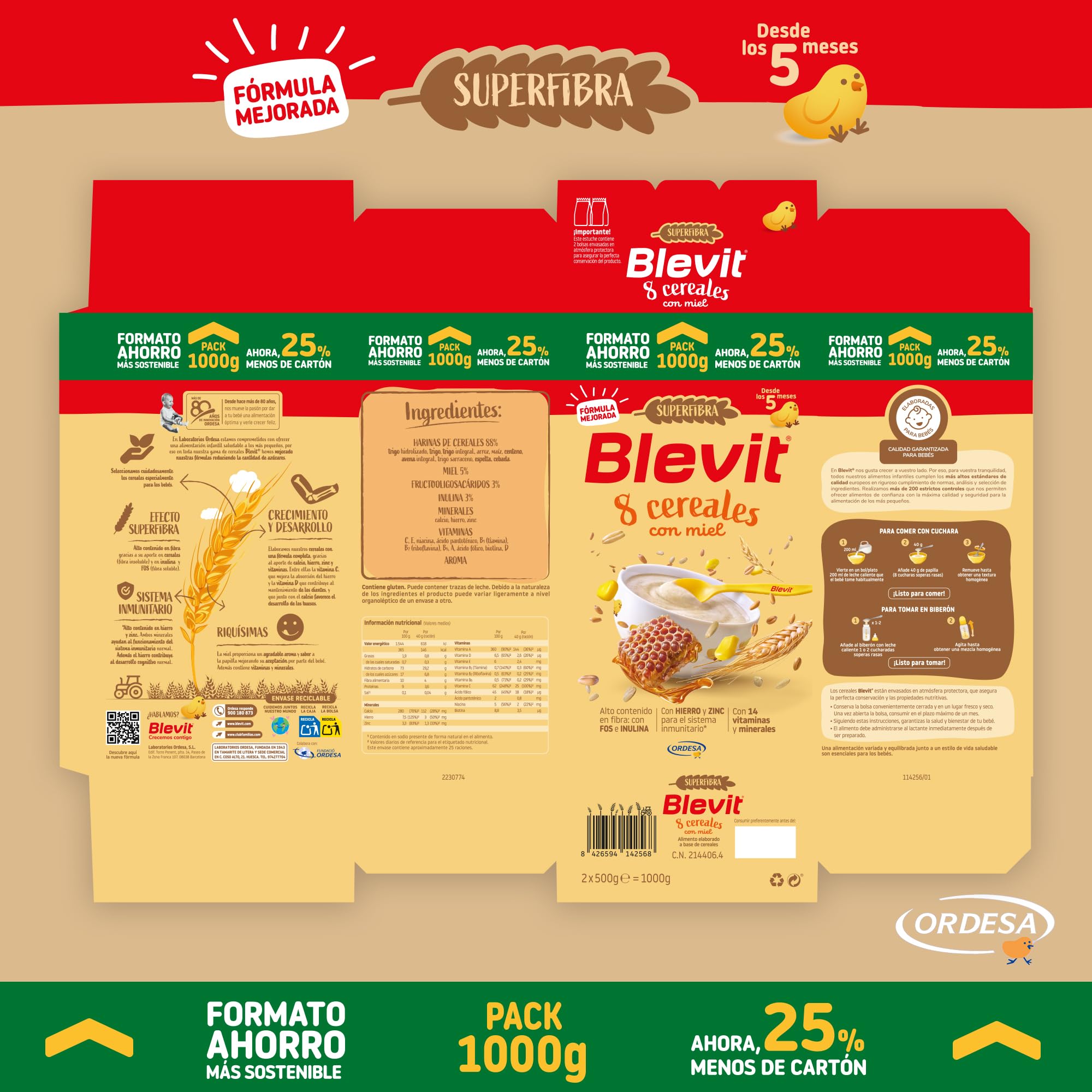Blevit Superfibra 8 Cereales con Miel | 1kg | Papilla de 8 Cereales para Bebé desde los 5 Meses - Con Miel, Vitaminas, Minerales y Fibra