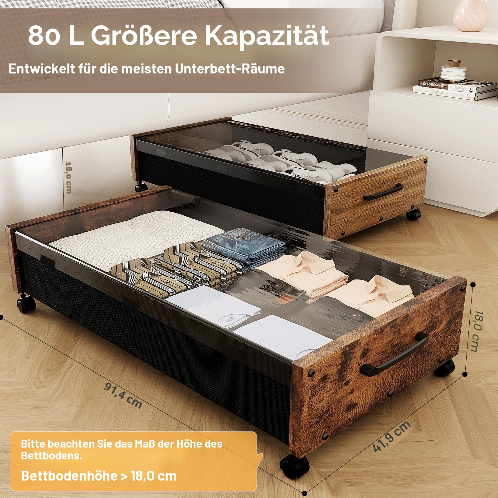 Holz-Bettkasten-Aufbewahrung mit Rädern, 80 L extra große Rollung unter dem Bett, 2er-Set mit abnehmbarem Deckel, verbesserte Metall-Bettkasten-Aufbewahrung für Kleidung (Vintage Braun-2er-Set)