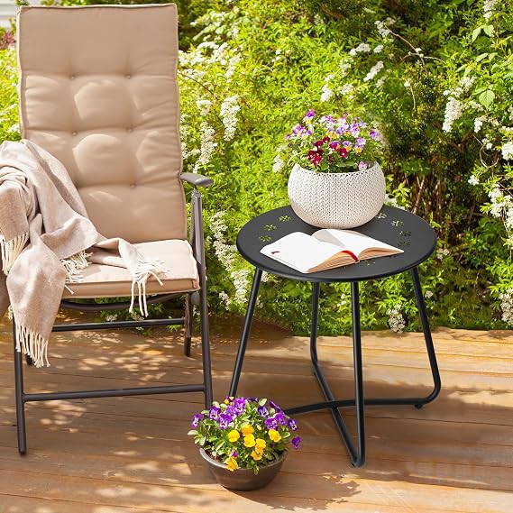 danpinera Outdoor Side Table Small Balcony Table Garden Table with Flower Cut-Outs Small Side Table Outdoor for Patio Yard Balcony Garden Weatherproof Material Black