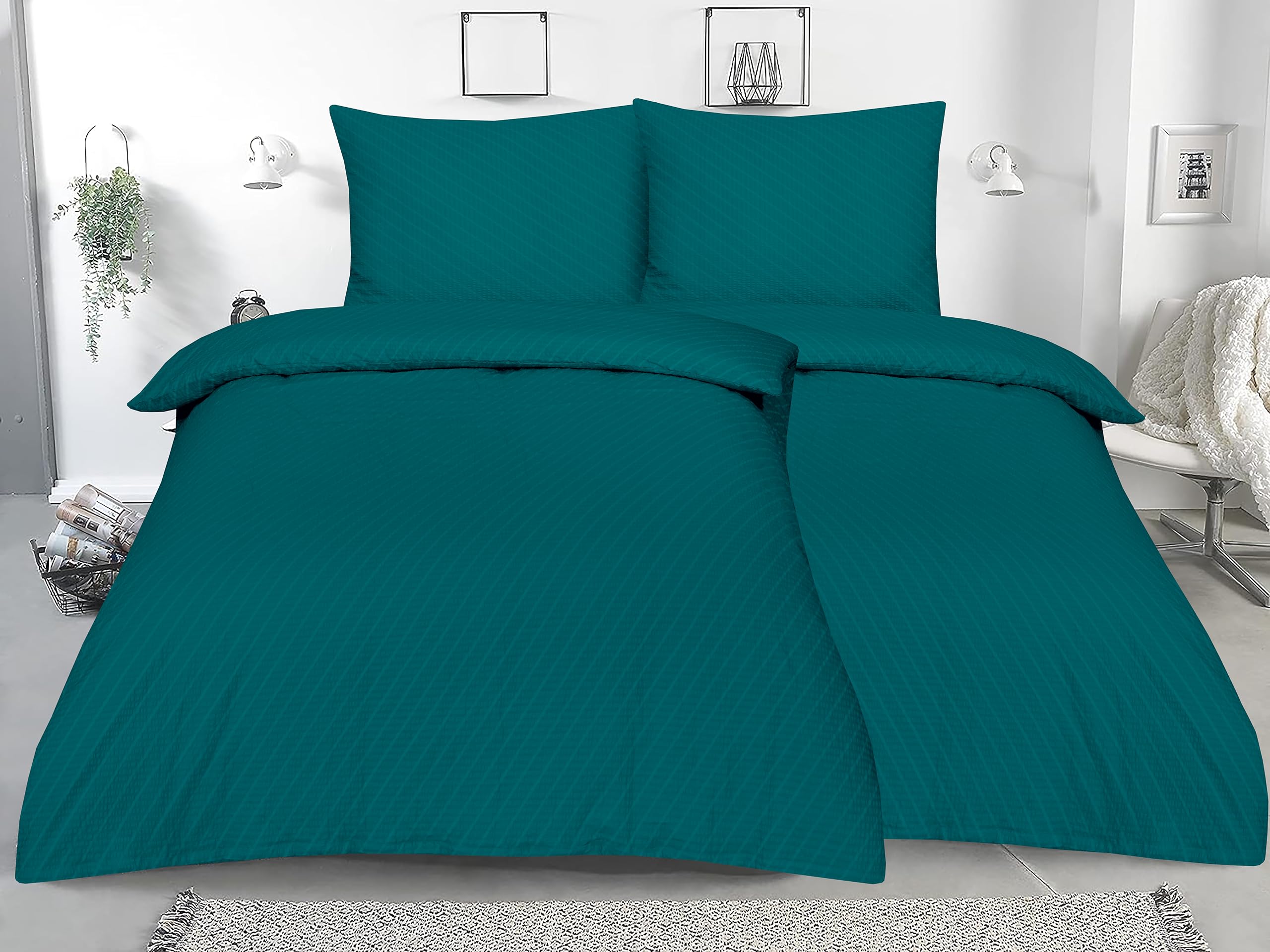 Betz Bettwäsche Seersucker 100% Baumwolle 2 teilige Garnitur Set mit Reißverschluss - Bügelfrei - Größe 135/200 cm + 80/80 cm Farbe Petrol
