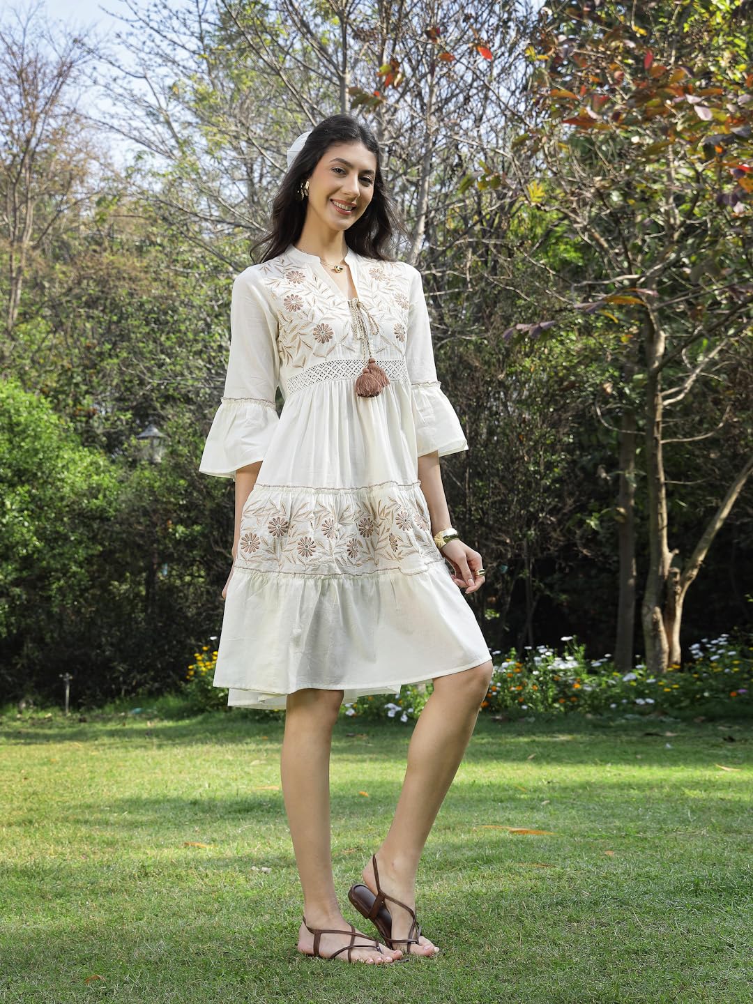 Stylum Women's Solid & Embroidered Cotton Tiered Dress (Drswhiteshiba42_White, Xl)