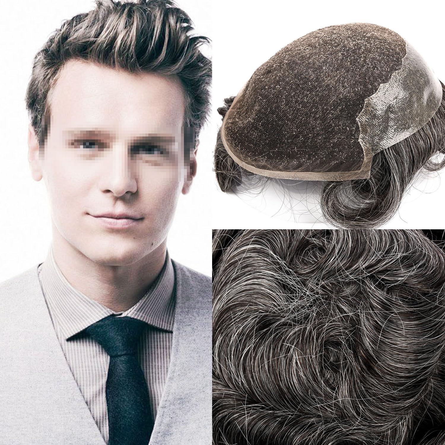 Generic Toupee For Men Hair Replacement System Swiss Lace Men Toupee European Human Hair Piece Lace Front Hair System. (1B80# Off Black with 80% Synthetic Grey, 7x9