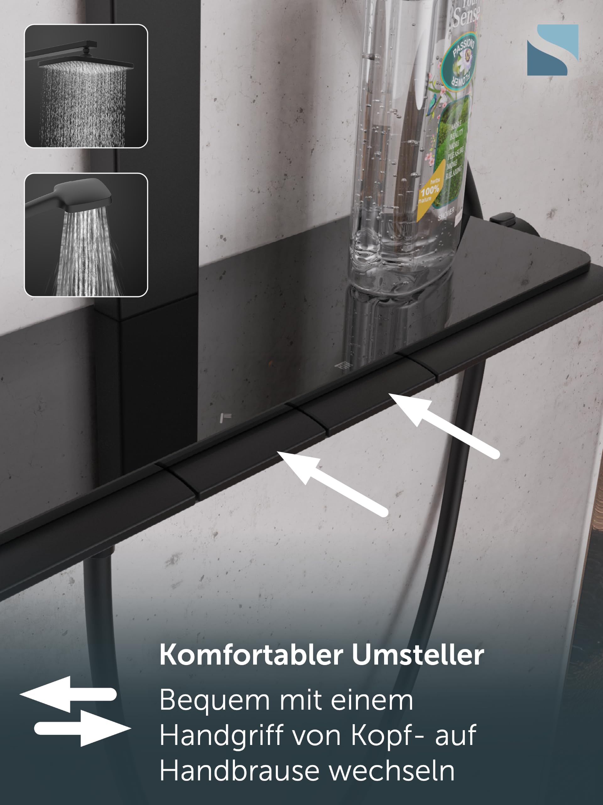 Schütte HAWAII Duschsystem mit Thermostat und Glasablage, Duschset mit 30x20cm Kopfbrause, Regendusche mit Wandhalterung und Duschkopf, Duschpaneel Duschsäule, Schwarz