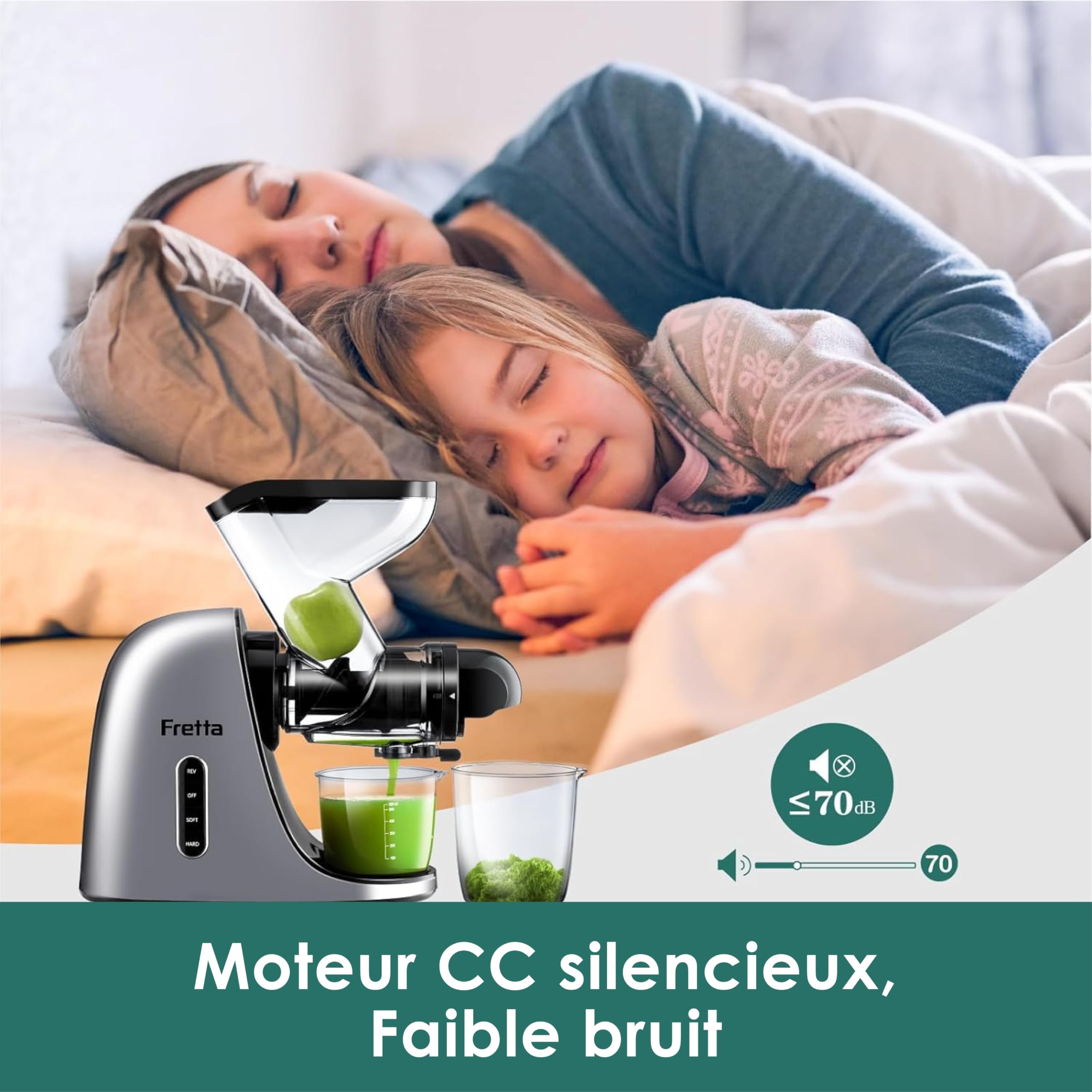 Fretta Extracteur de Jus à Pression à Froid 76 mm Goulotte Large Sans BPA Presse-agrumes Fruits Légumes Argent