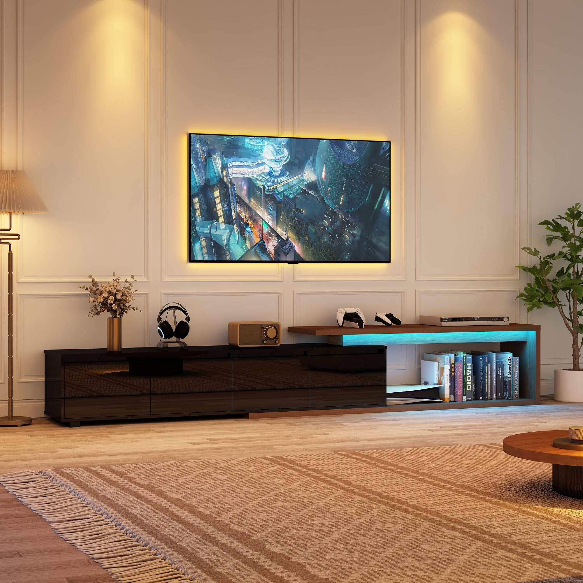 Extendable TV stand with LED light in high gloss black and walnut