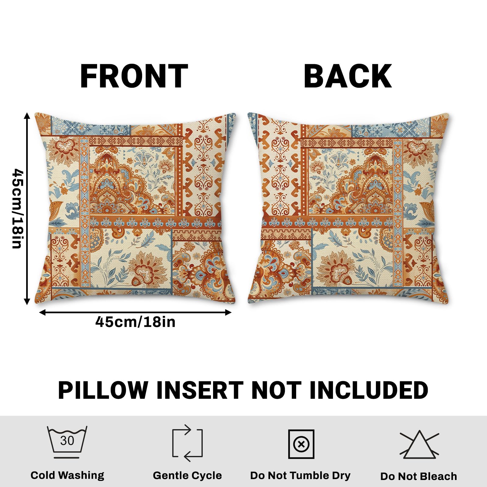 Bonhause Boho poszewki na poduszki dekoracyjne 45 x 45 cm, zestaw 2 sztuk, vintage, boho, etniczny, dywan, brązowy, pomarańczowy, niebieski, kwiaty, liście, na zewnątrz, dekoracyjne poszewki na
